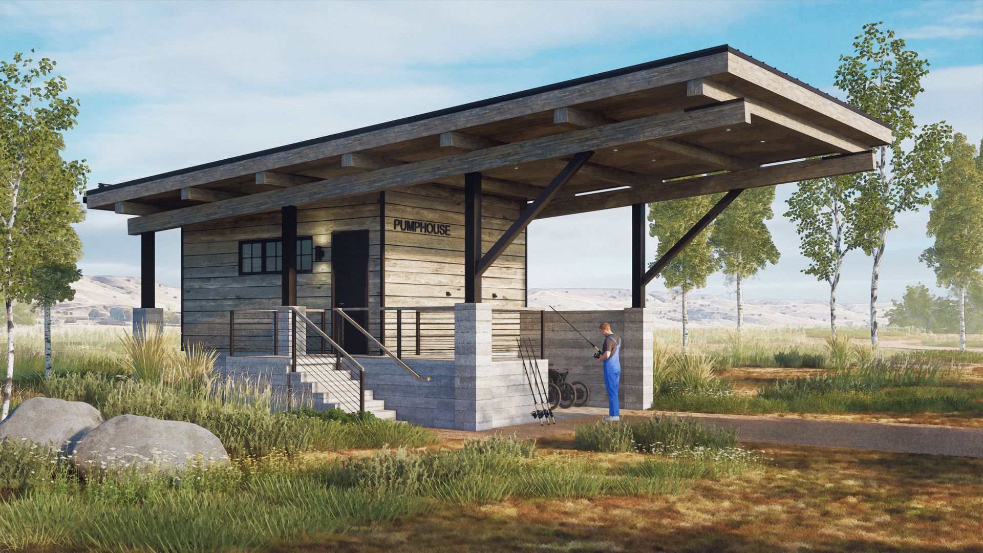 A woman is standing in front of a small wooden building in a field.