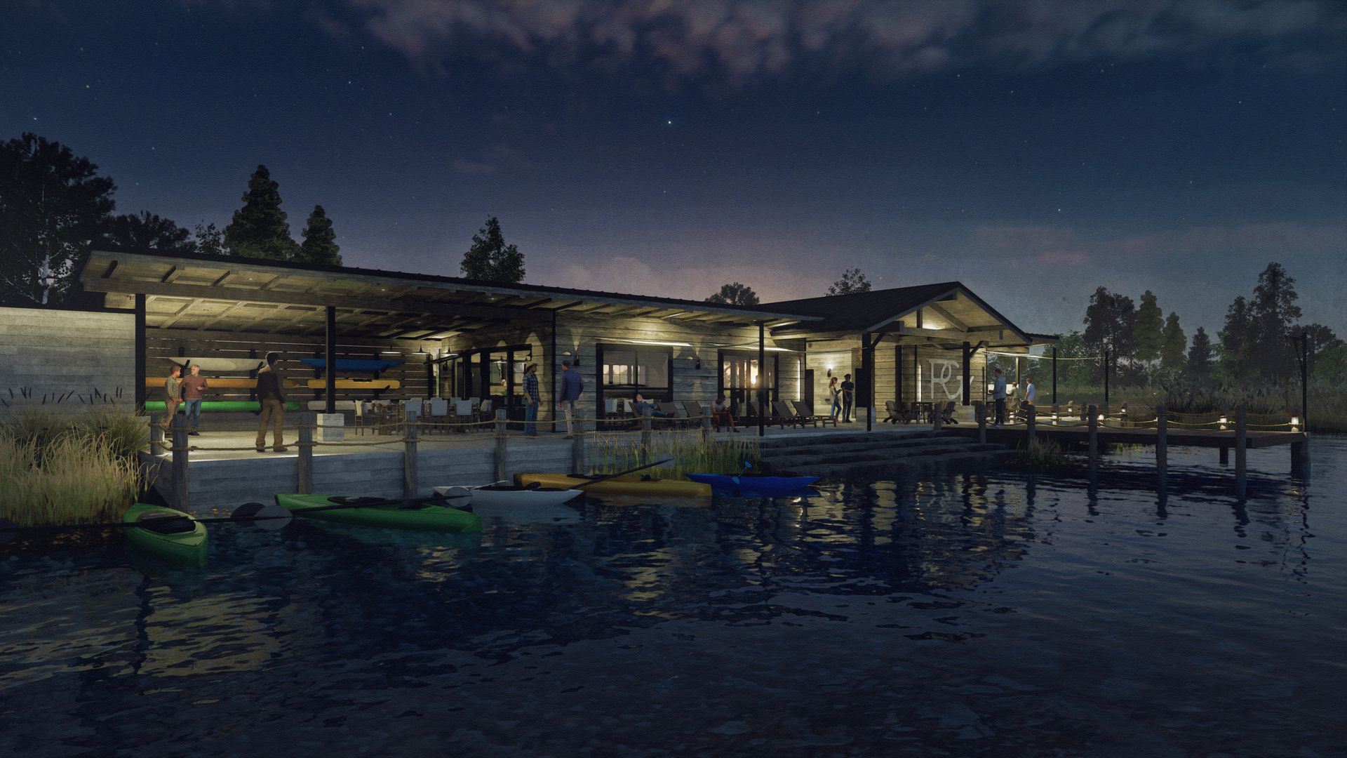 A rendering of a building next to a body of water at night.