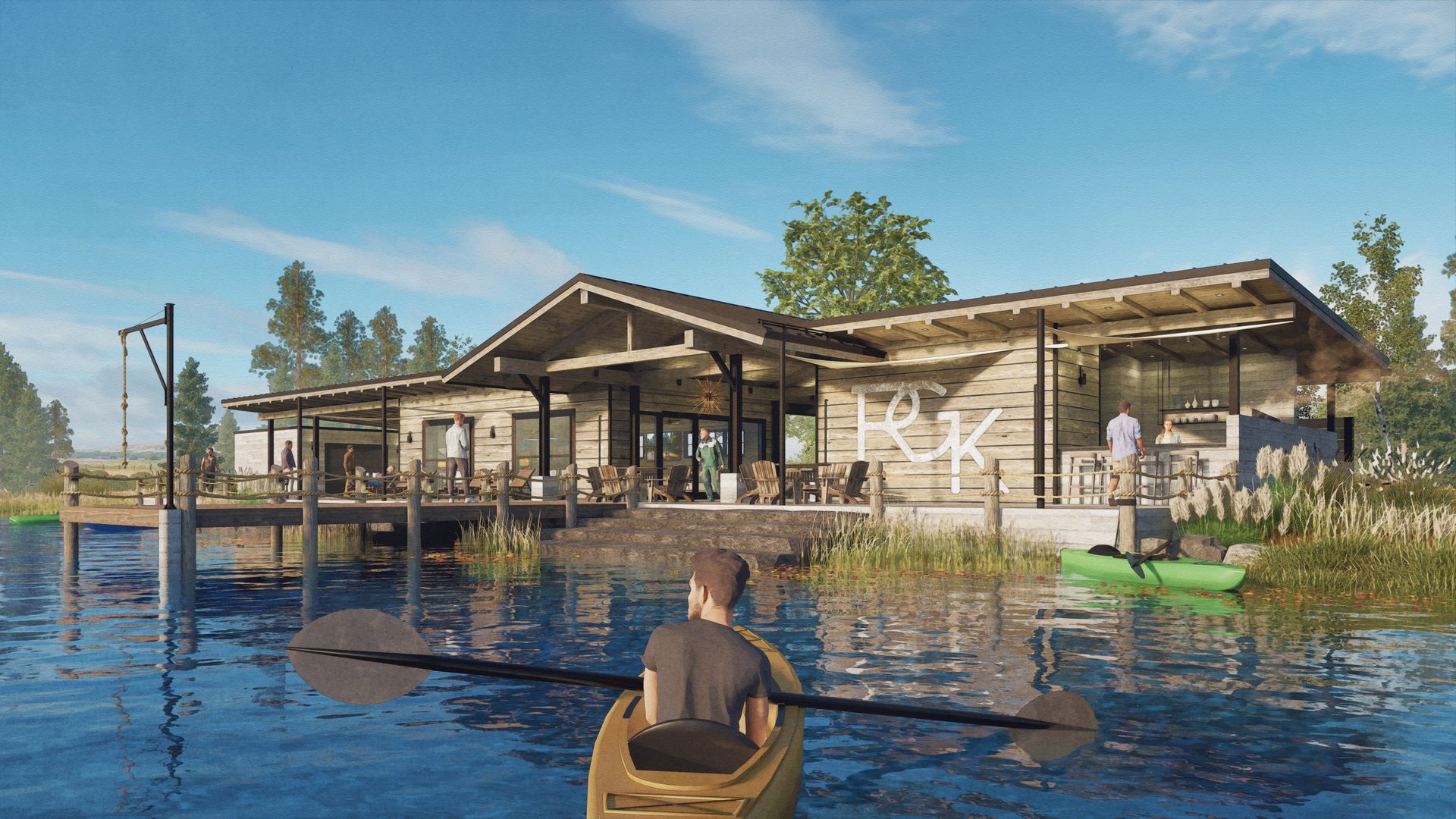 A man is rowing a kayak on a lake in front of a house.