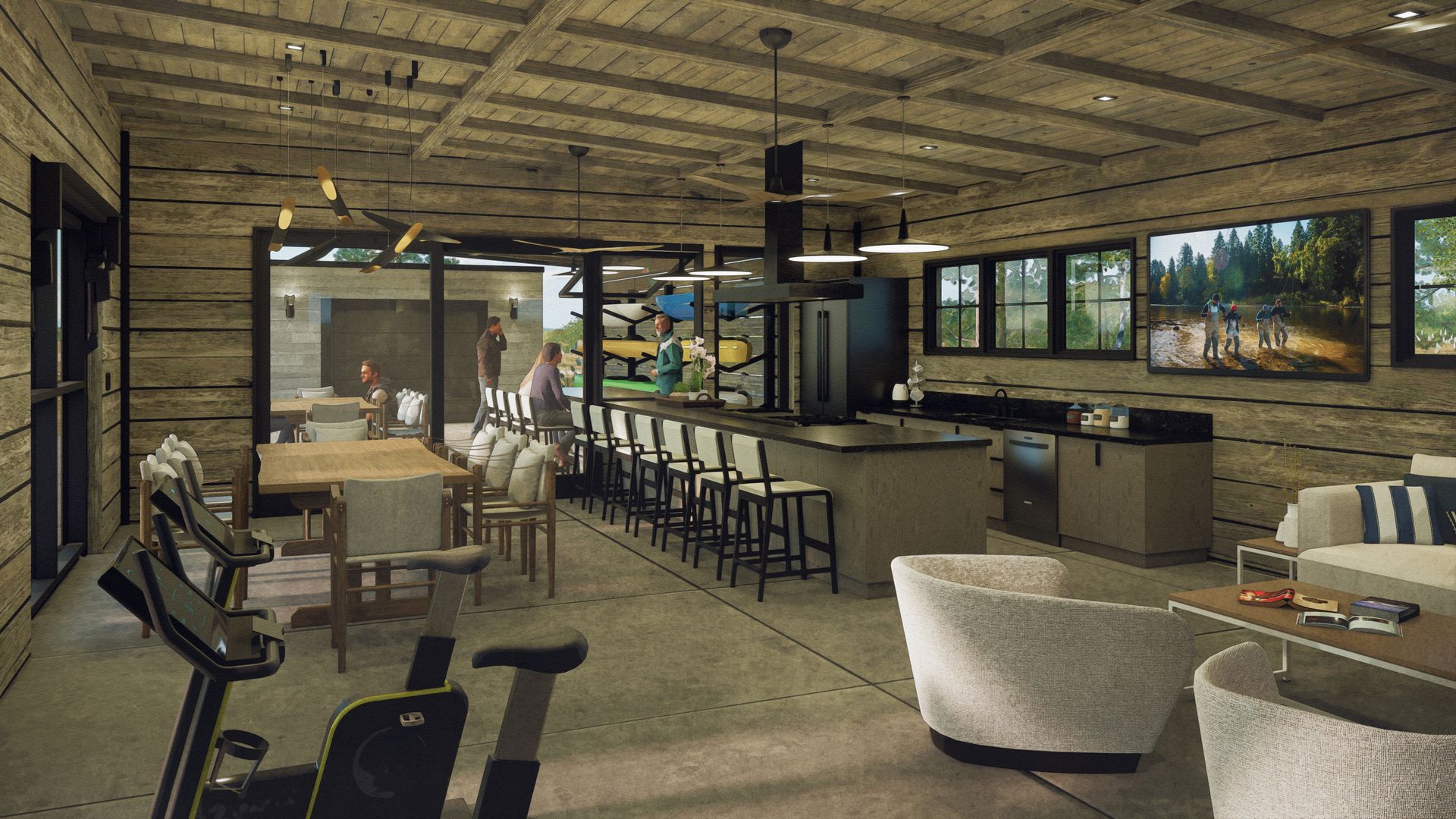 A living room with a couch , chairs , a table and a bicycle.