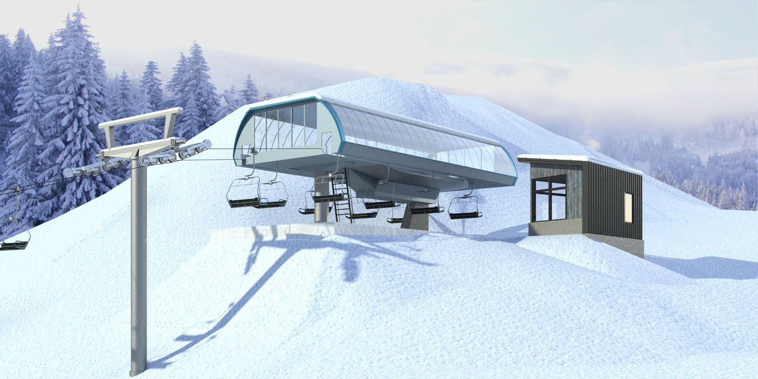 A ski lift is sitting on top of a snow covered mountain.