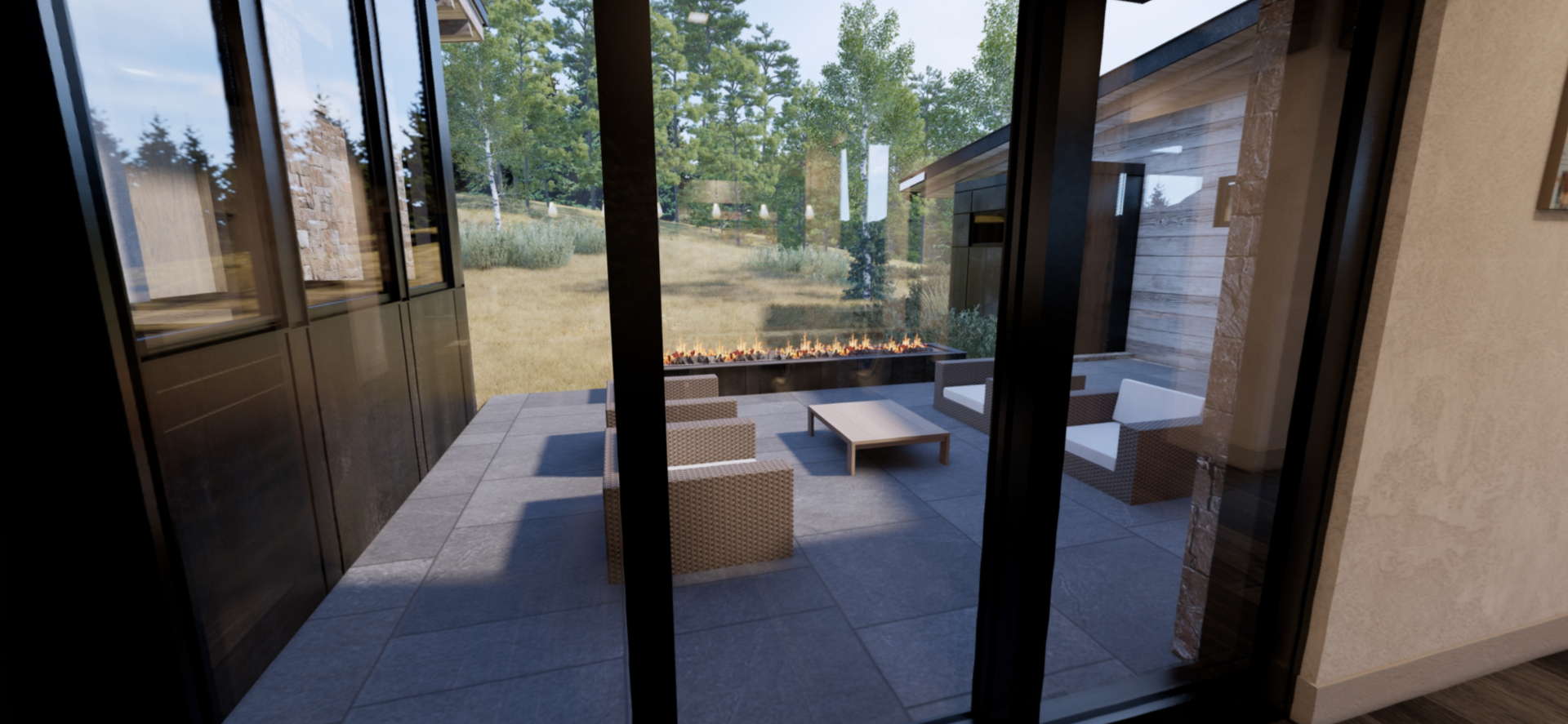 A view of a patio from inside a house through a sliding glass door.