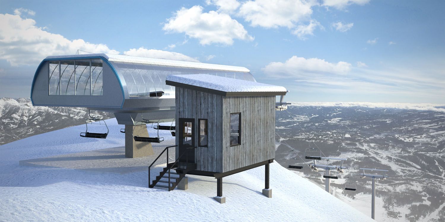 A small wooden cabin is sitting on top of a snow covered mountain next to a ski lift.