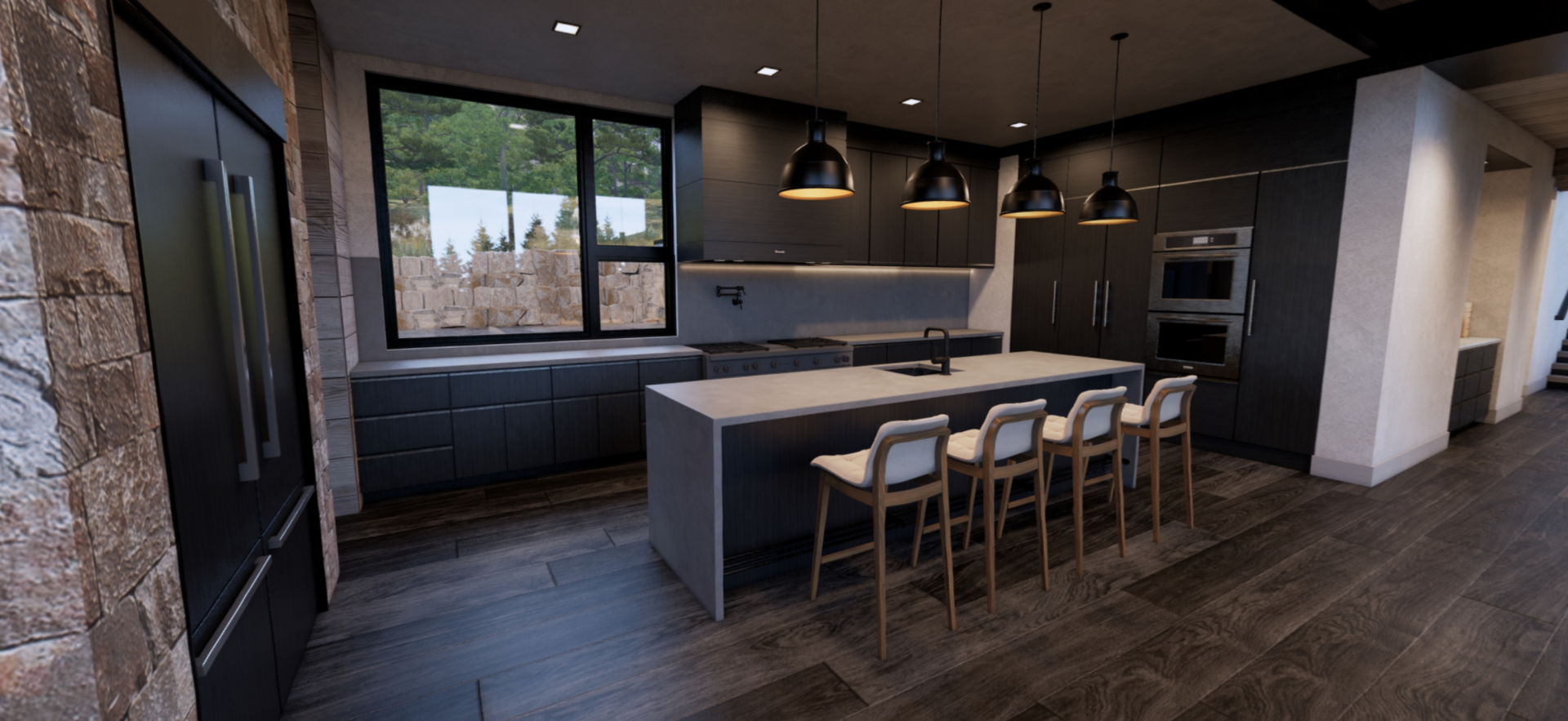 An artist 's impression of a kitchen with a large island and stools.