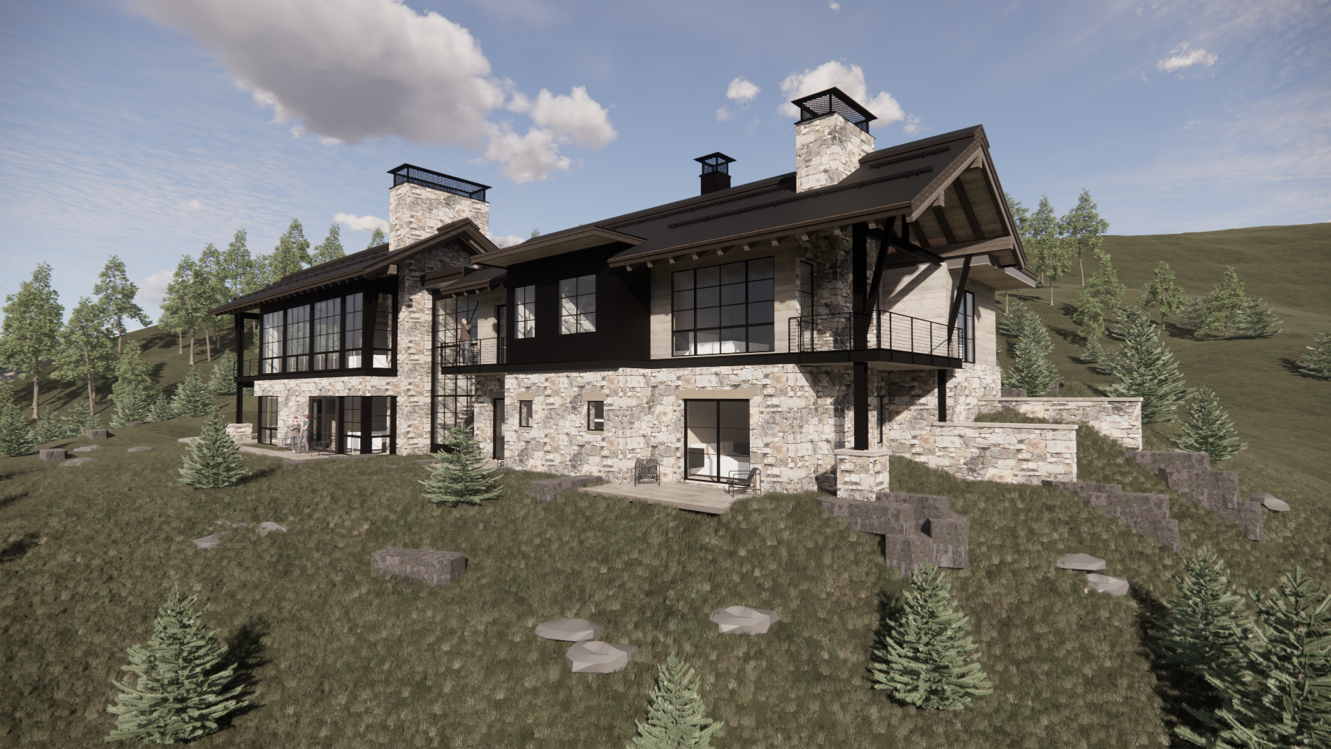 A large stone house is sitting on top of a grassy hill surrounded by trees.