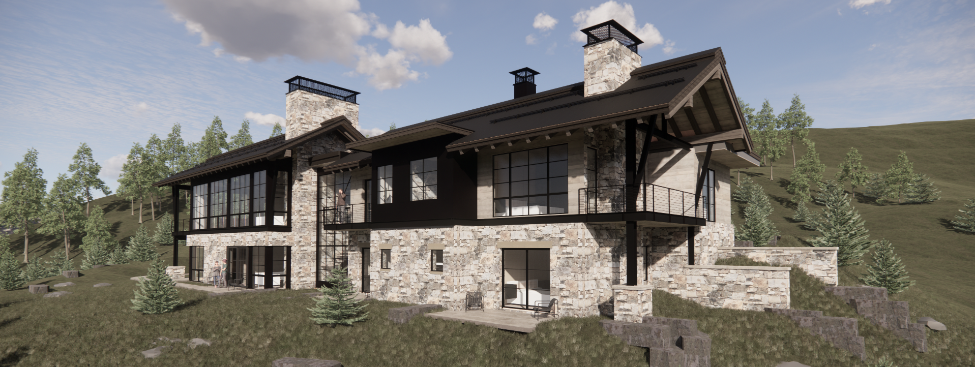 A large house is sitting on top of a grass covered hill.