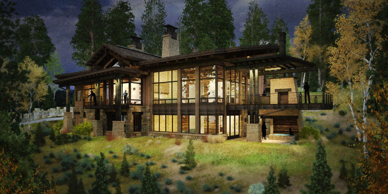 A large house is sitting on top of a hill in the middle of a forest.