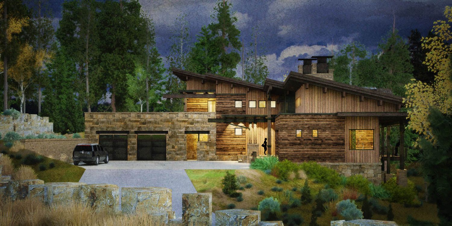 A large wooden house is sitting on top of a hill in the middle of a forest.