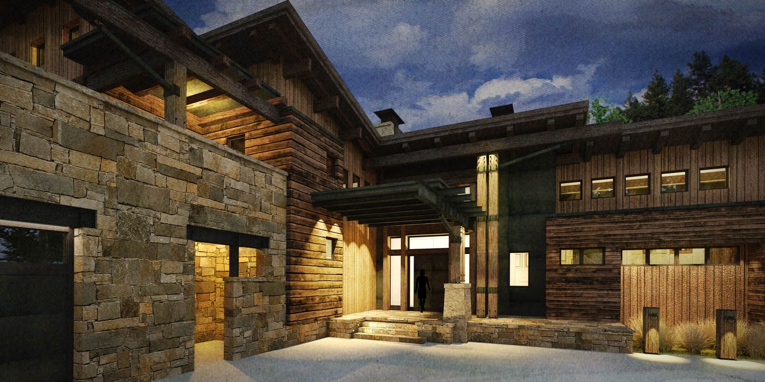 A large house with a stone wall and a wooden roof is lit up at night.