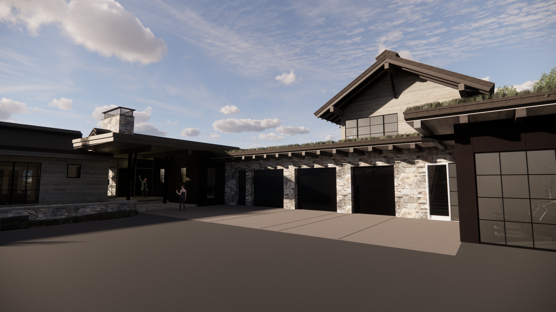 A 3d rendering of a house with a lot of garages.