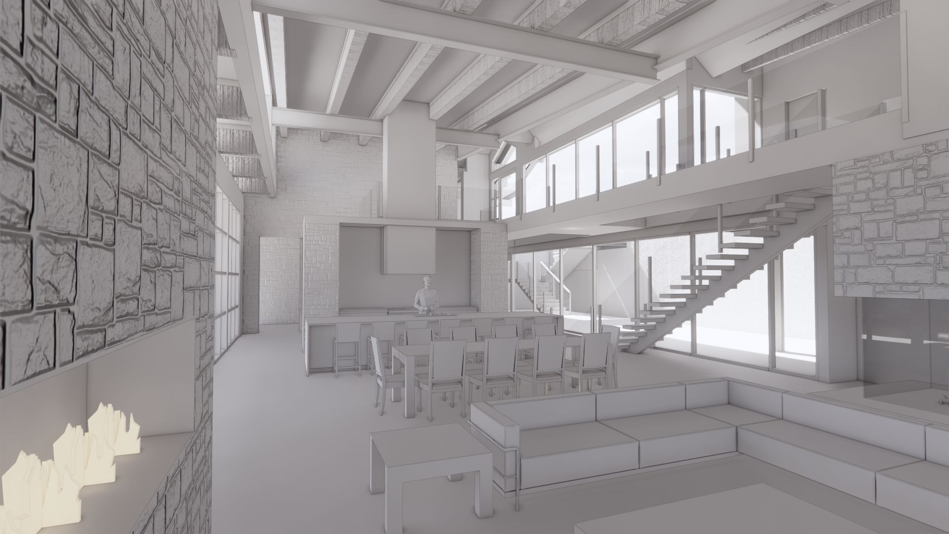 A 3d model of a living room with tables and chairs and a fireplace.