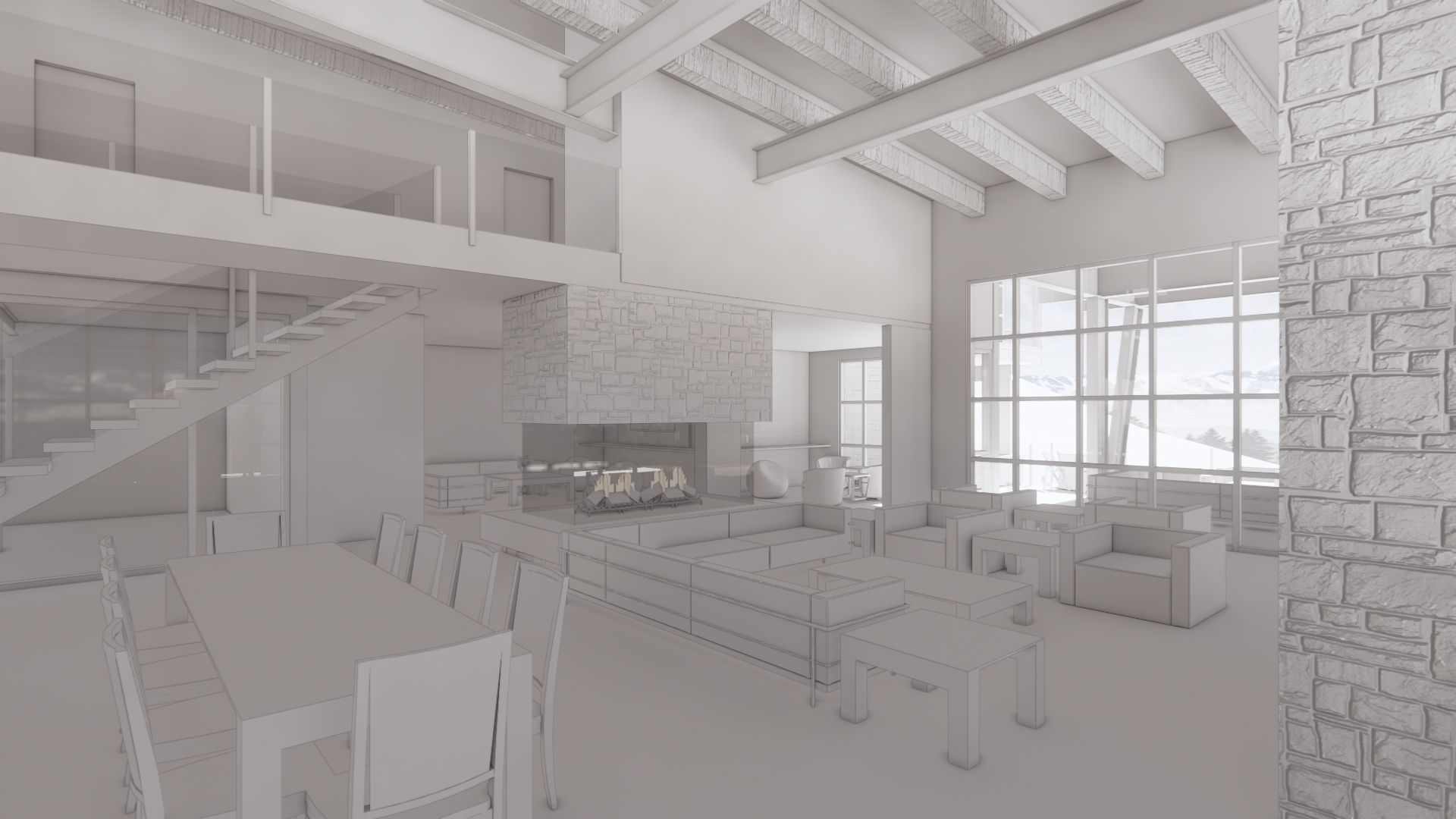 It is a 3d model of a living room with a fireplace.