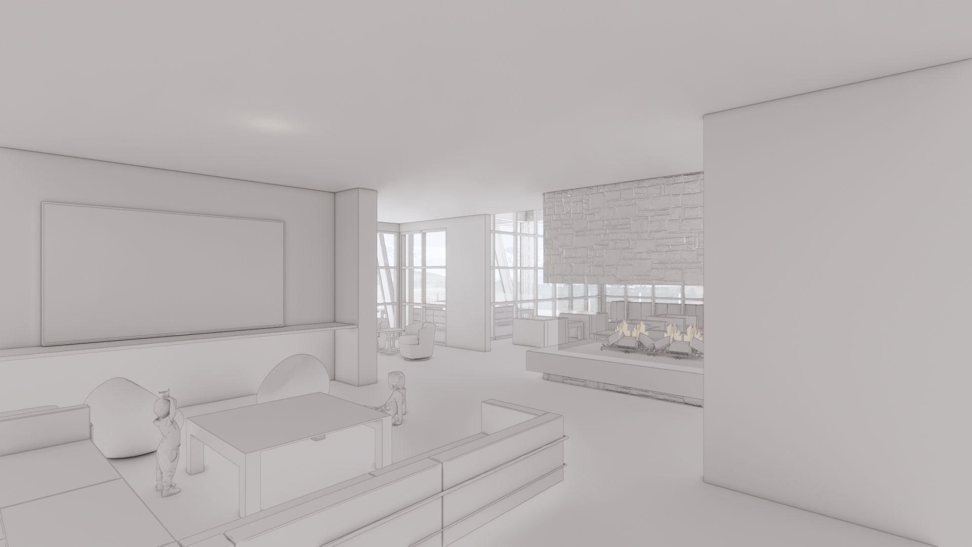 A 3d model of a living room with a fireplace and a table.