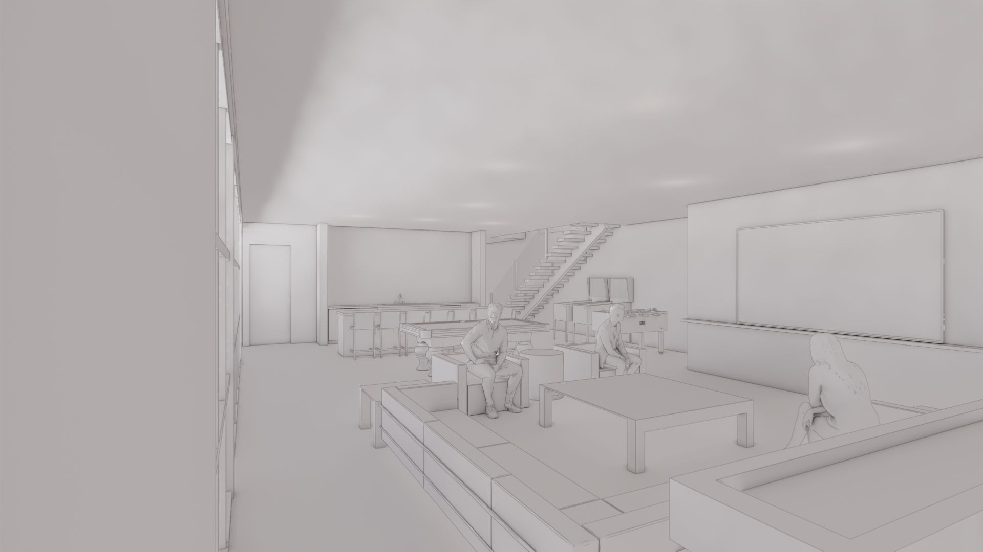 A 3d model of a room with a lot of furniture and a staircase.