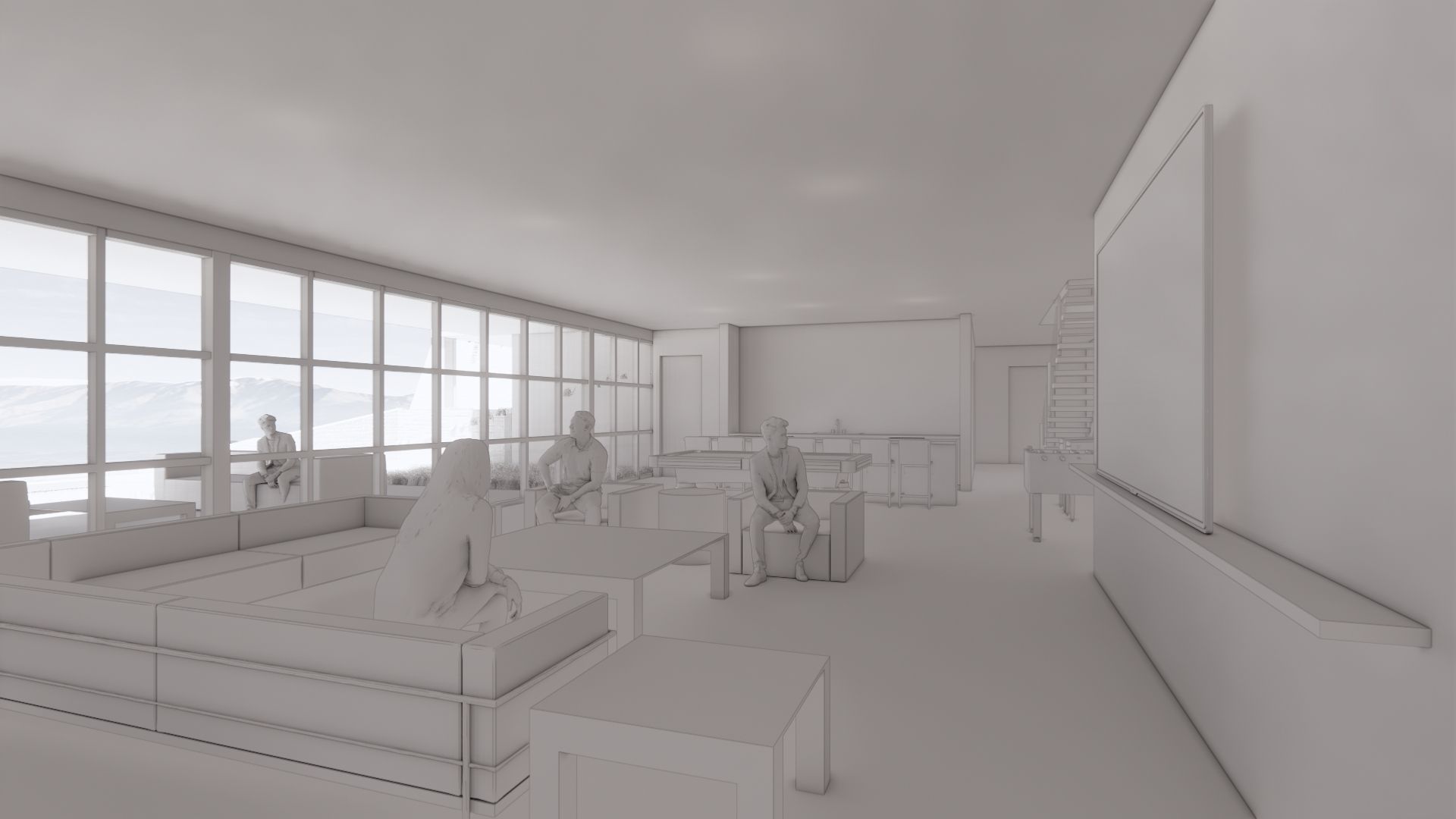 A 3d model of a classroom with people sitting at desks and a large window.