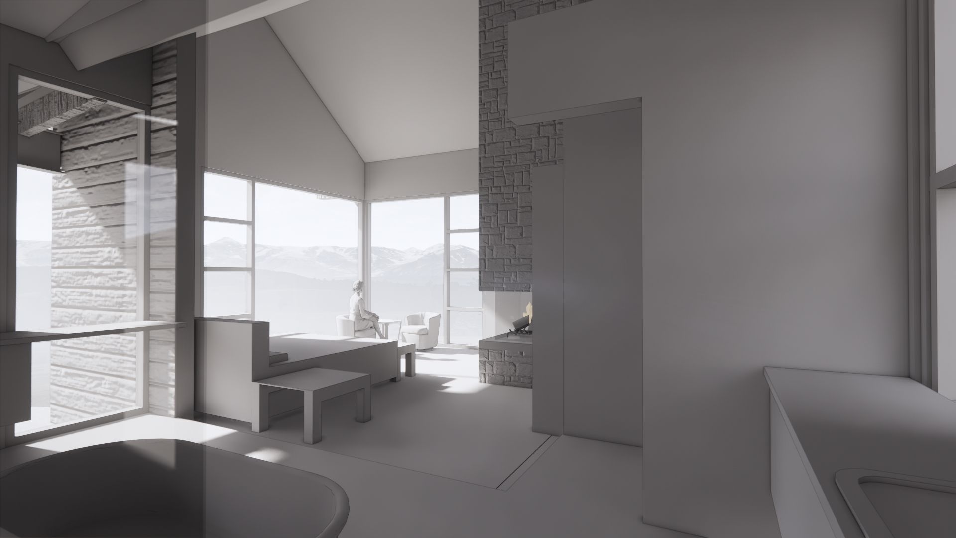 A 3d model of a living room with a fireplace and a large window.