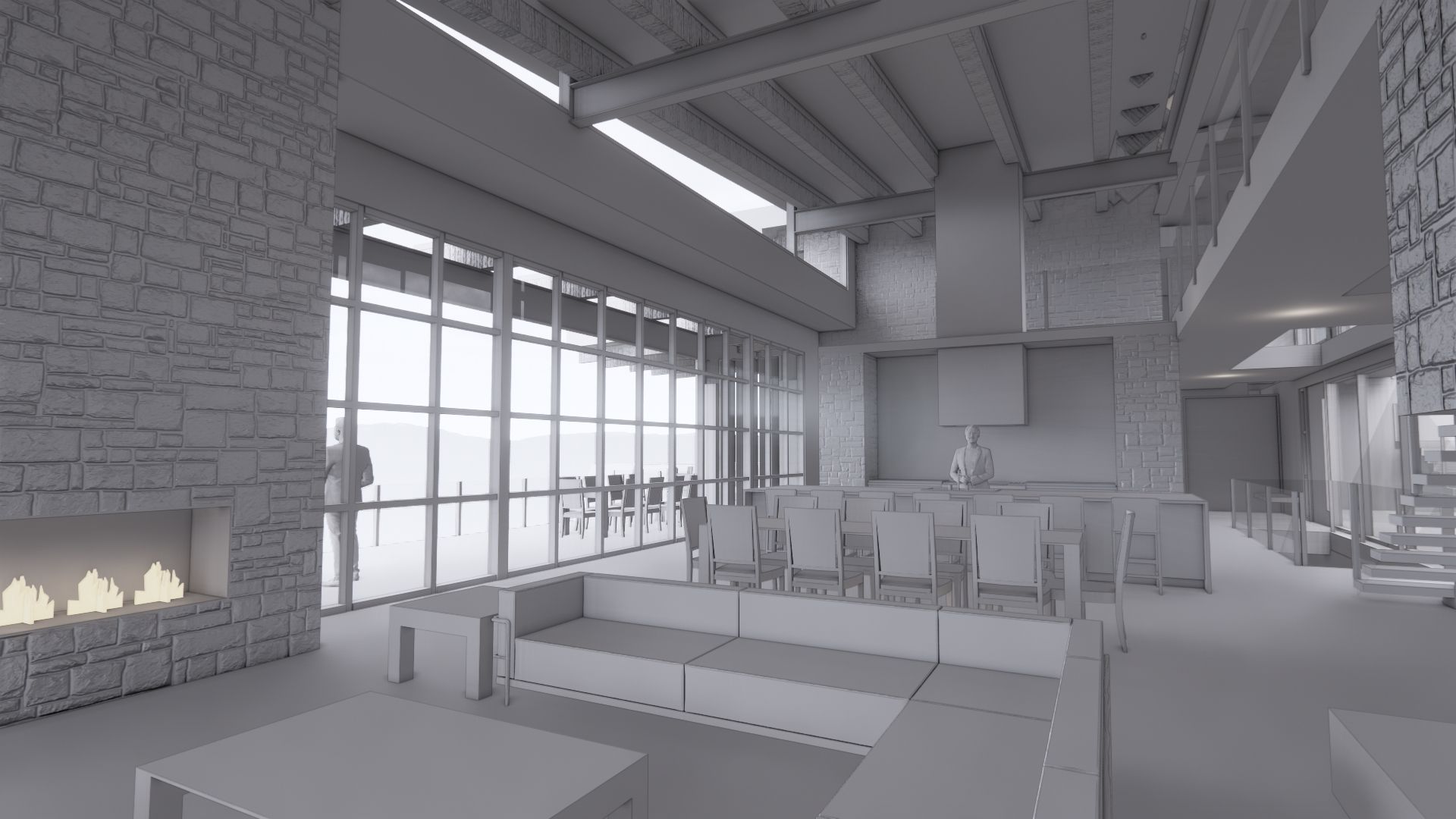 A black and white rendering of a living room with a fireplace.