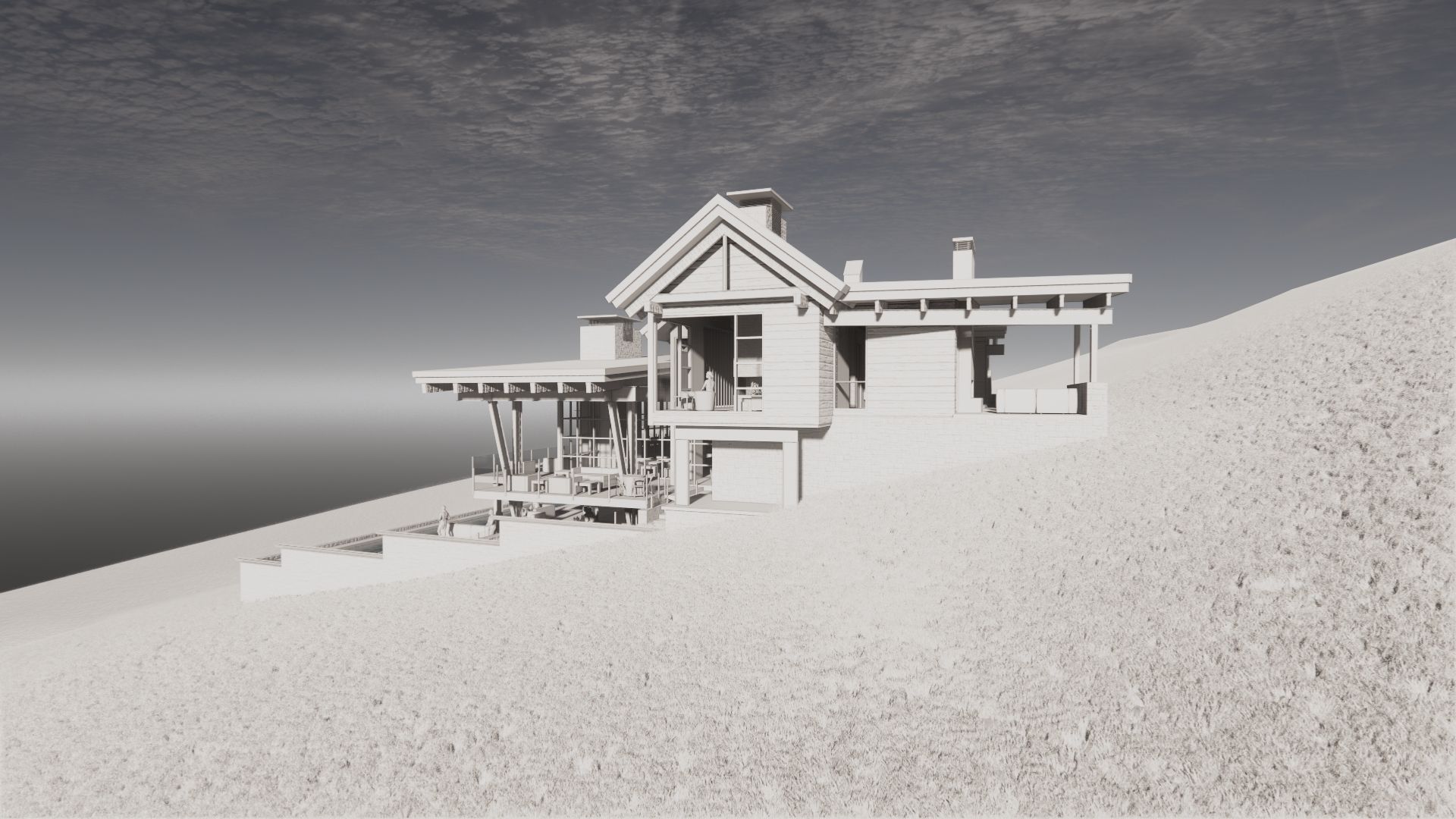A black and white photo of a house on a hill overlooking the ocean.