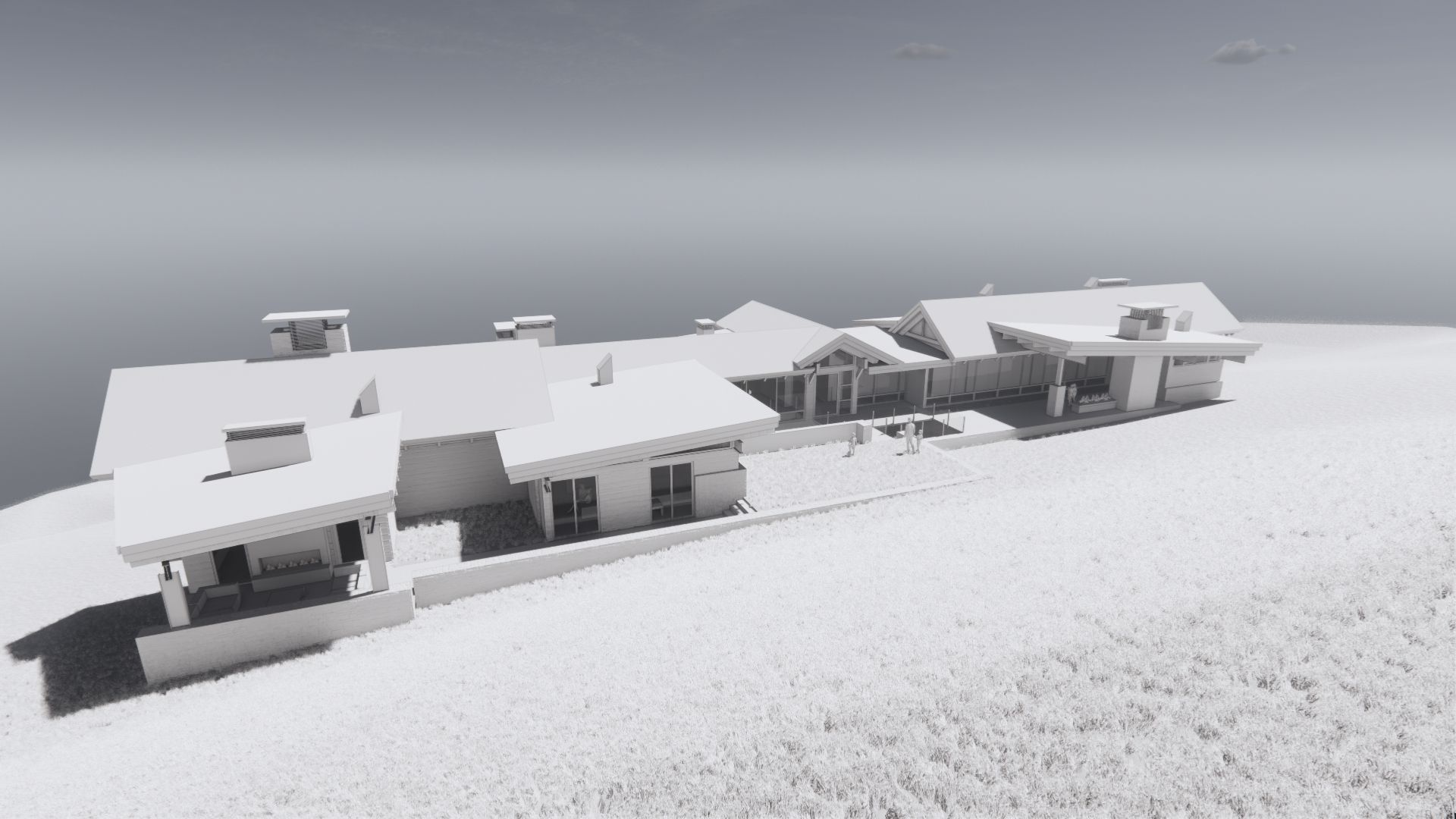 A black and white photo of a row of houses covered in snow.