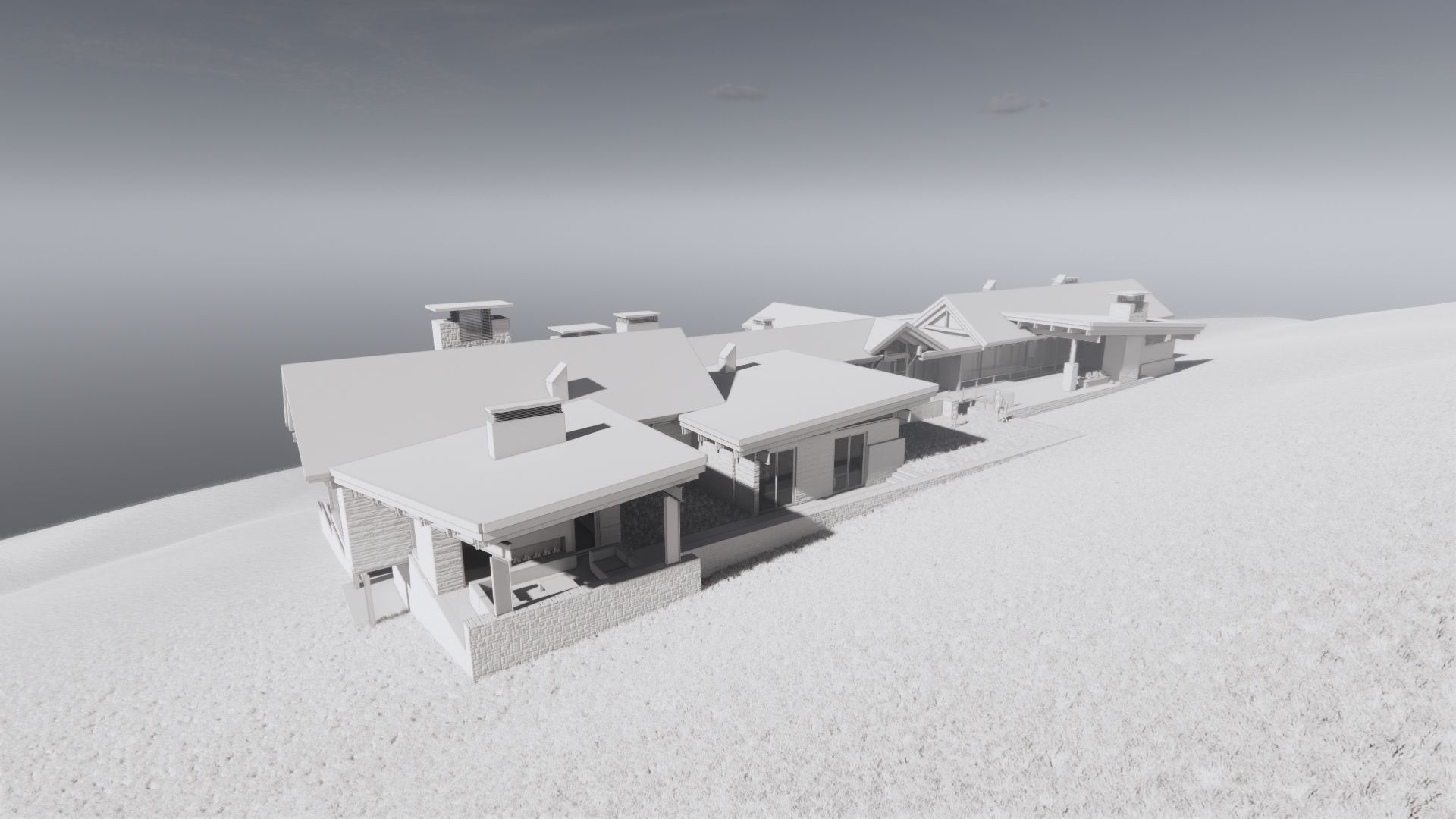 A 3d model of a house on top of a snow covered hill.