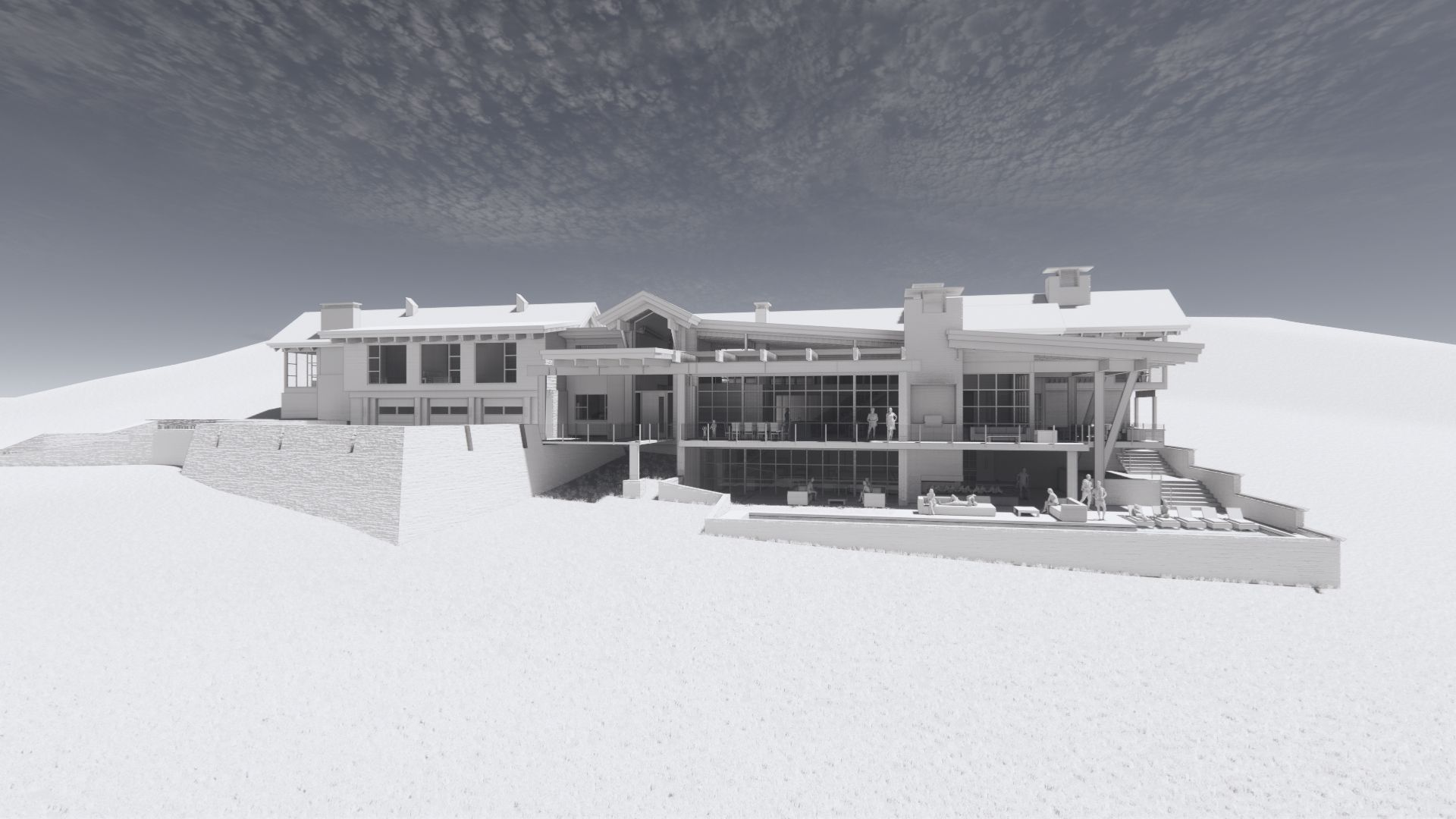 A large house is sitting on top of a snow covered hill.