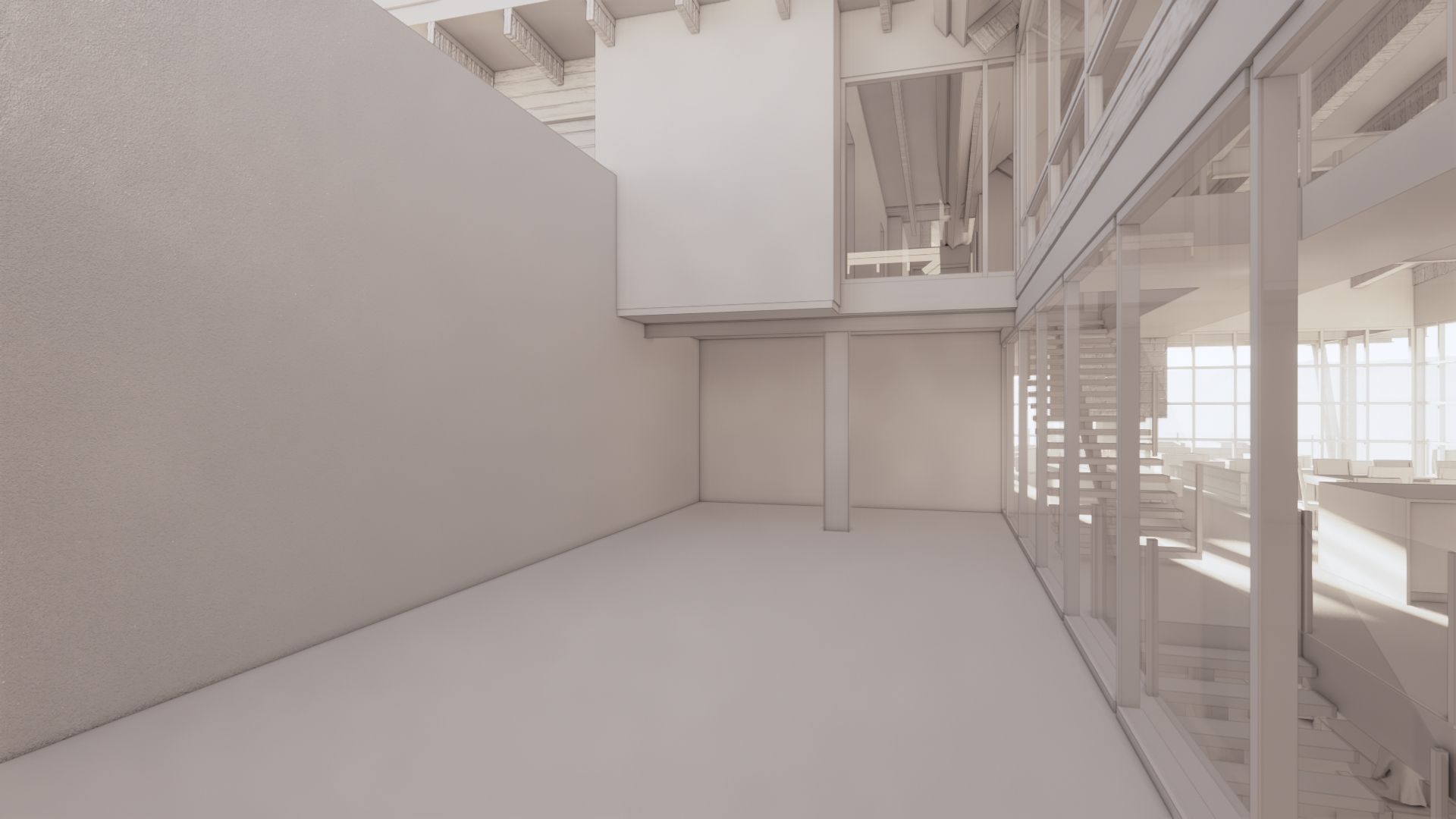 A 3d rendering of a large empty room with a lot of windows.