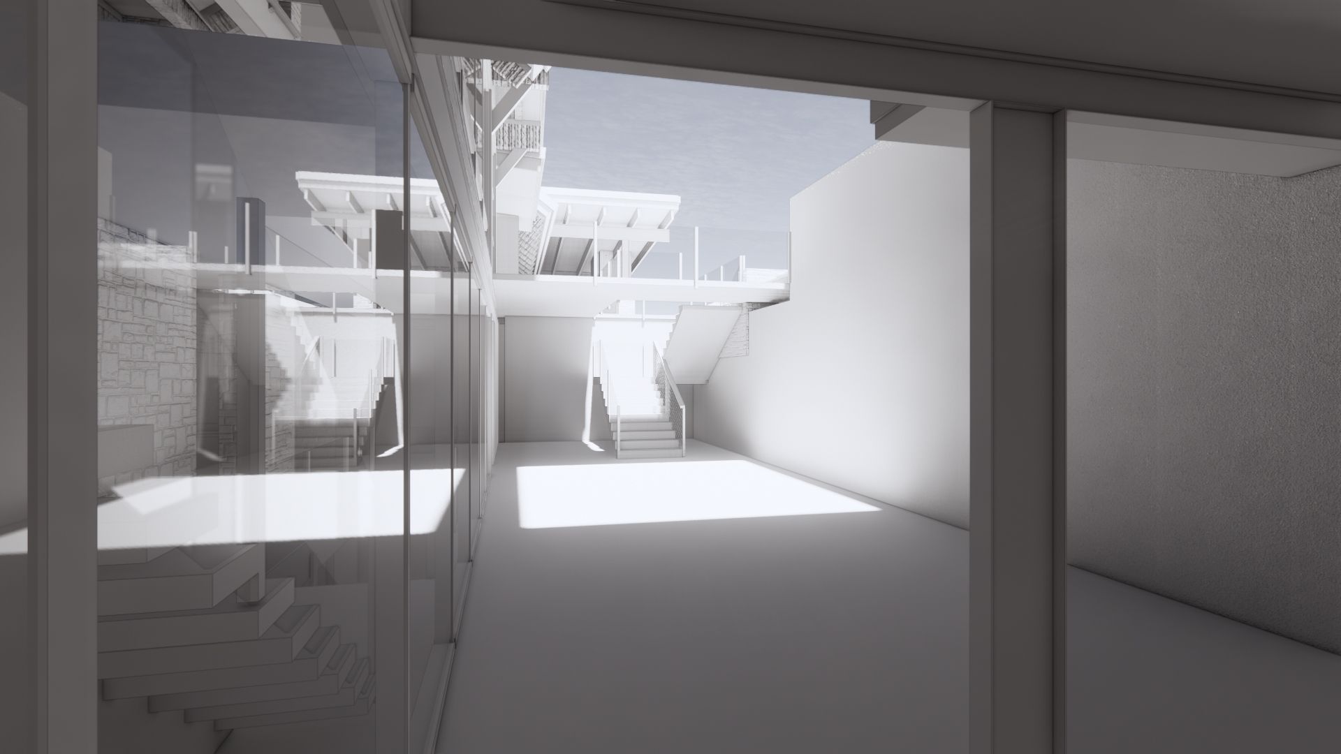 A 3d rendering of a building with a patio and chairs.