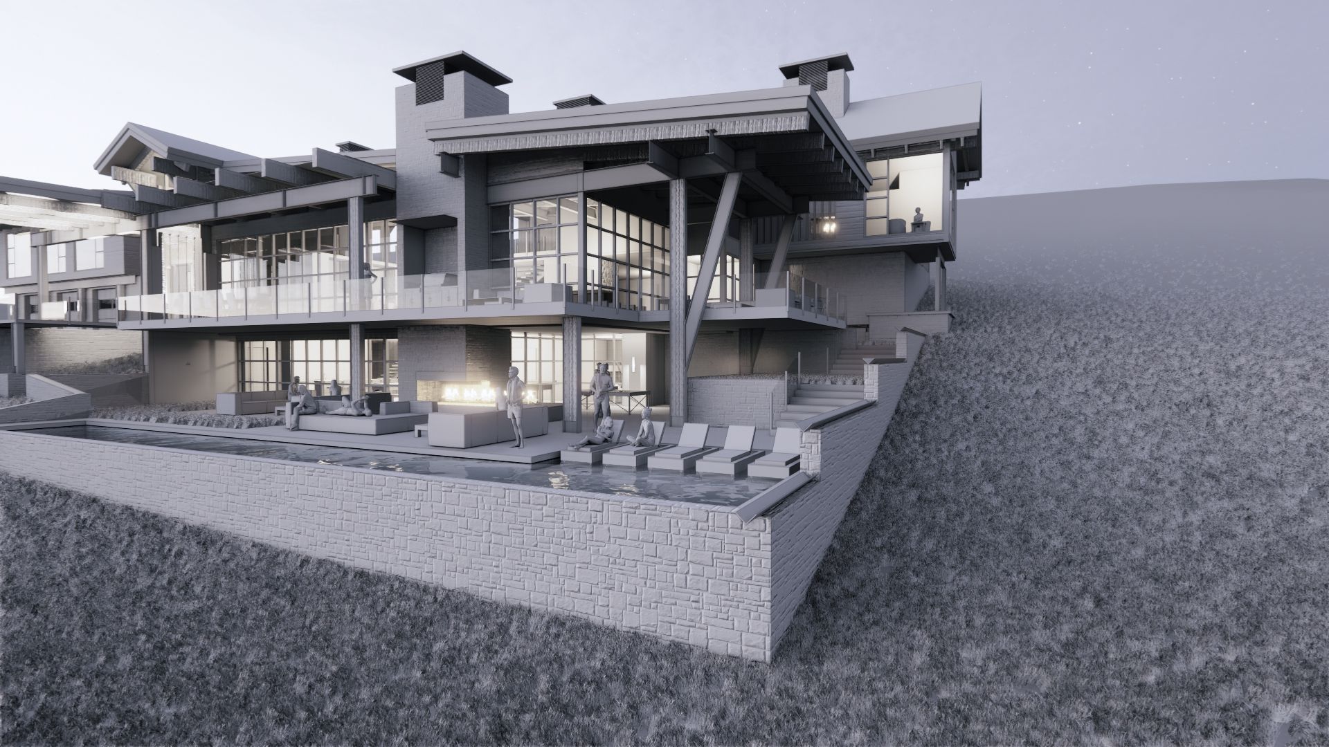 A black and white photo of a large house on top of a hill.