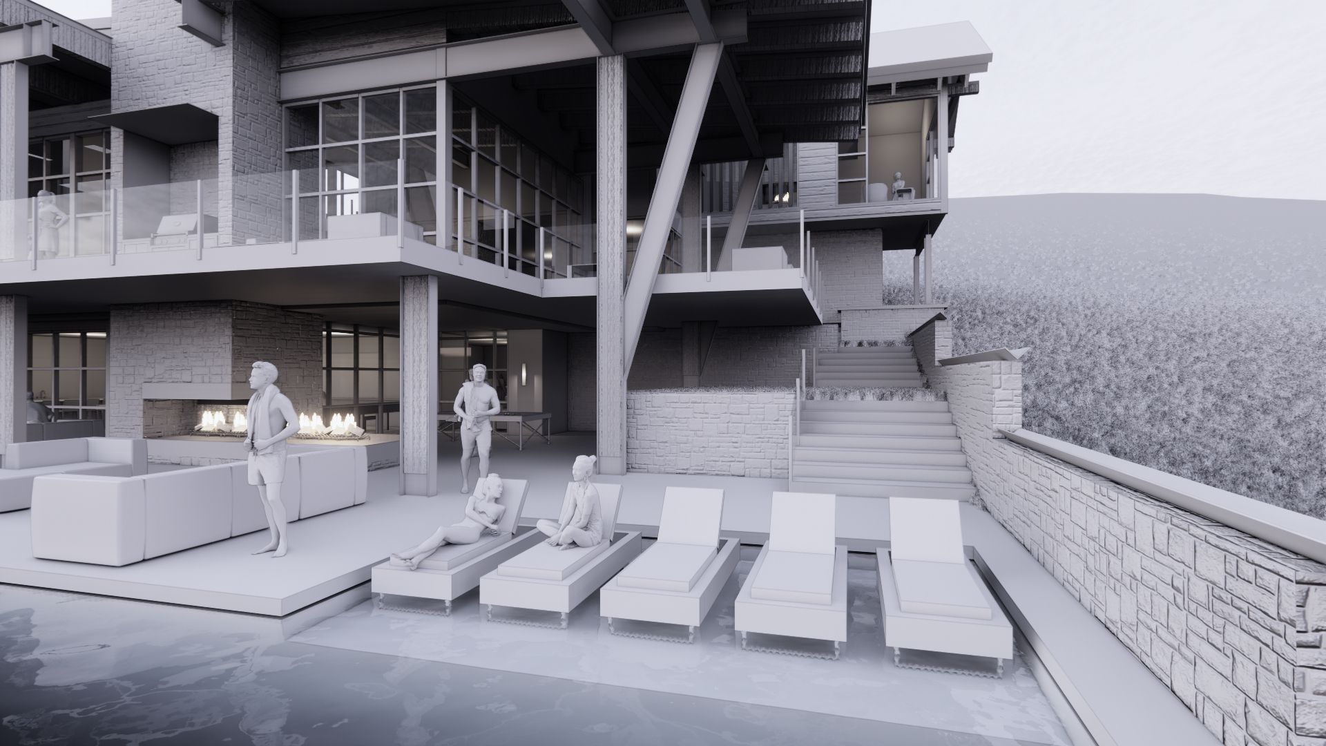 A black and white rendering of a house with a swimming pool.