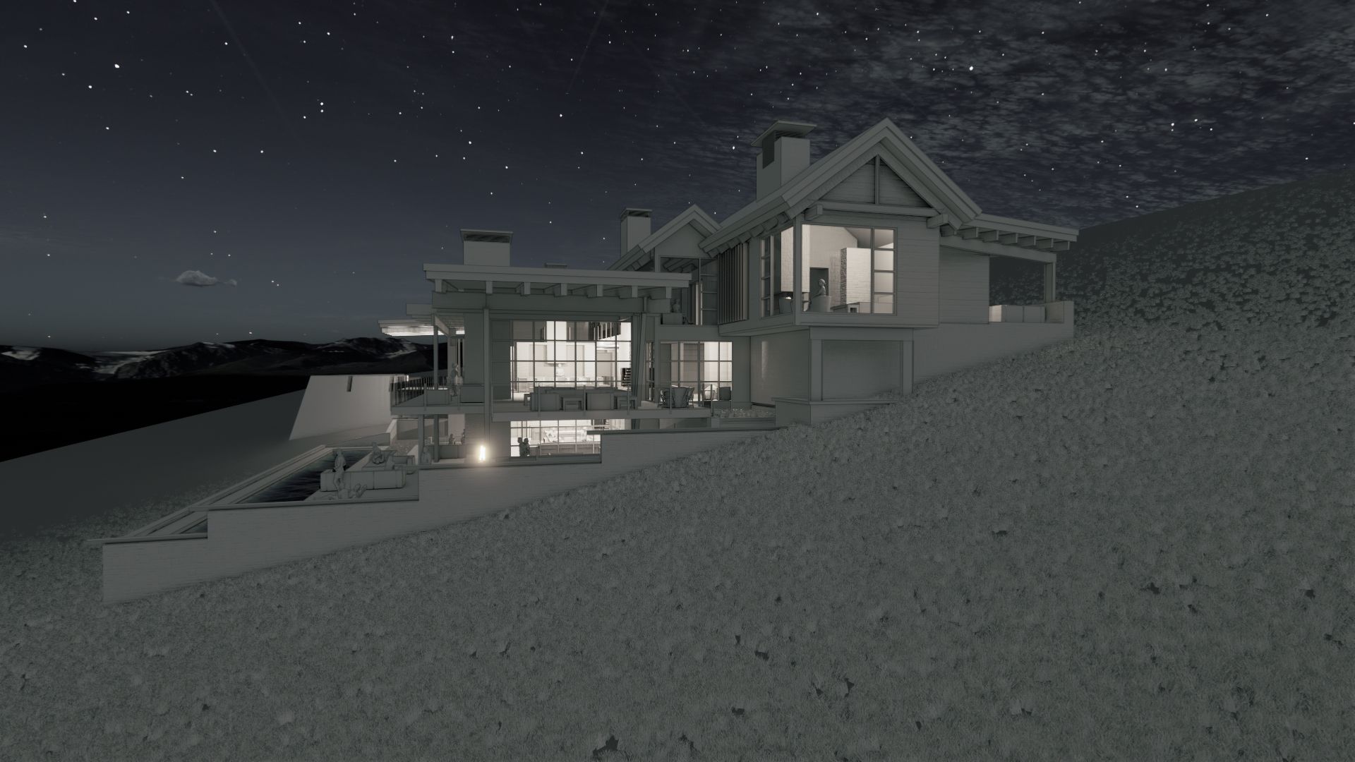 A black and white rendering of a house at night.