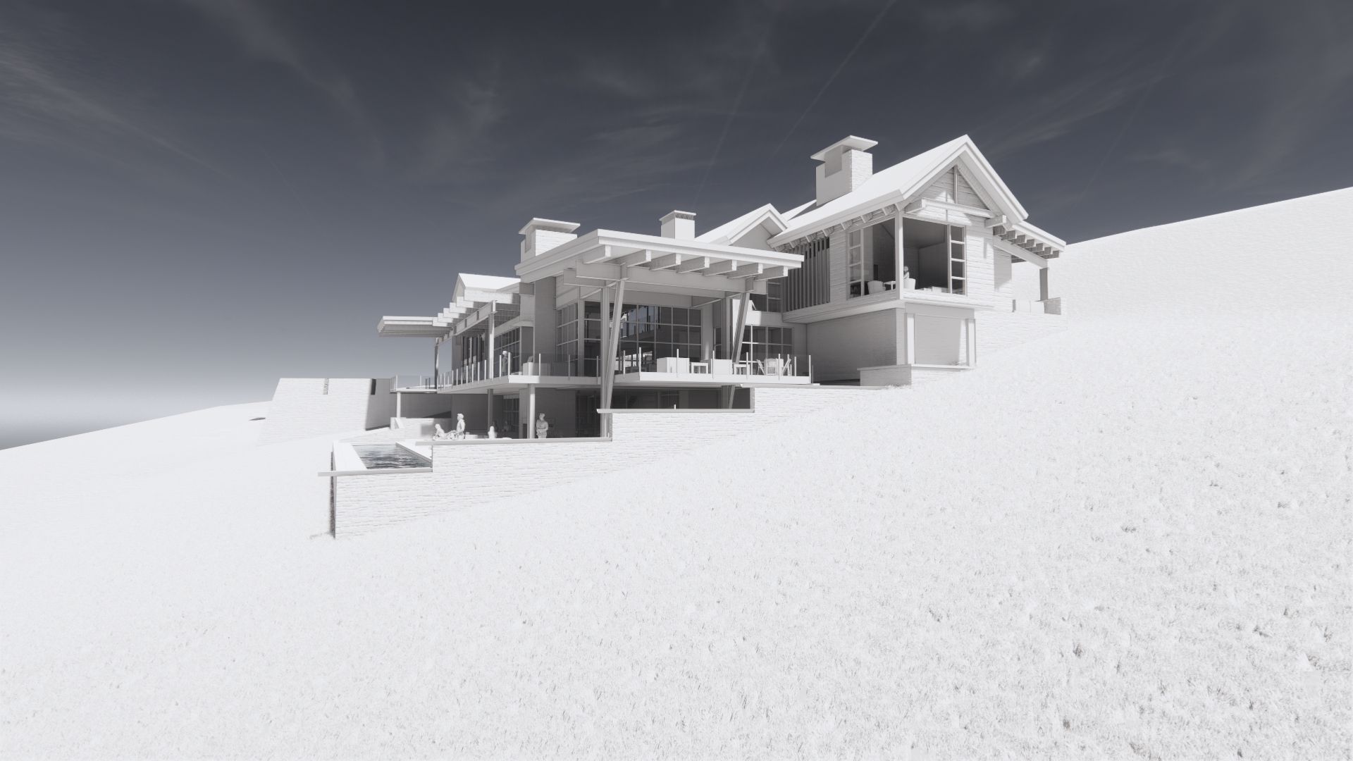 A large house is sitting on top of a snow covered hill.