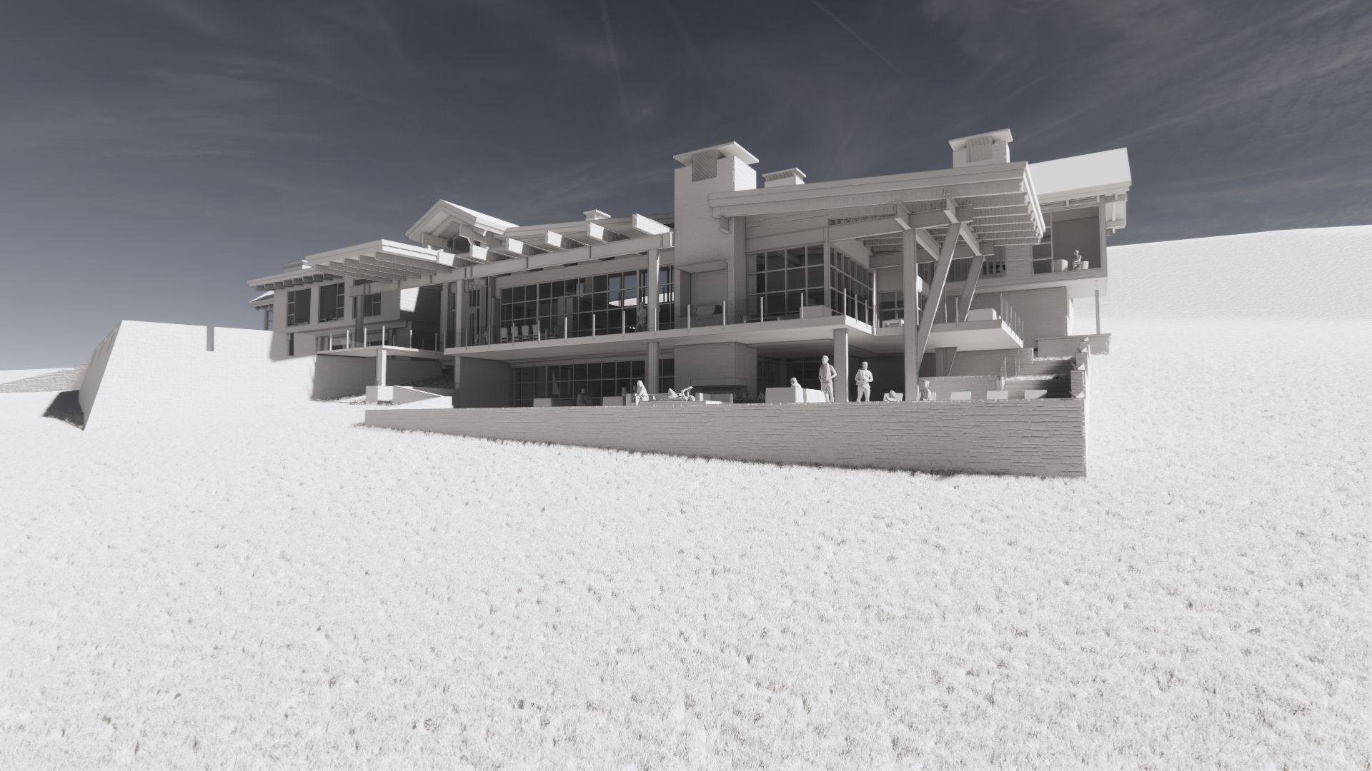 A large house is sitting on top of a snow covered hill.