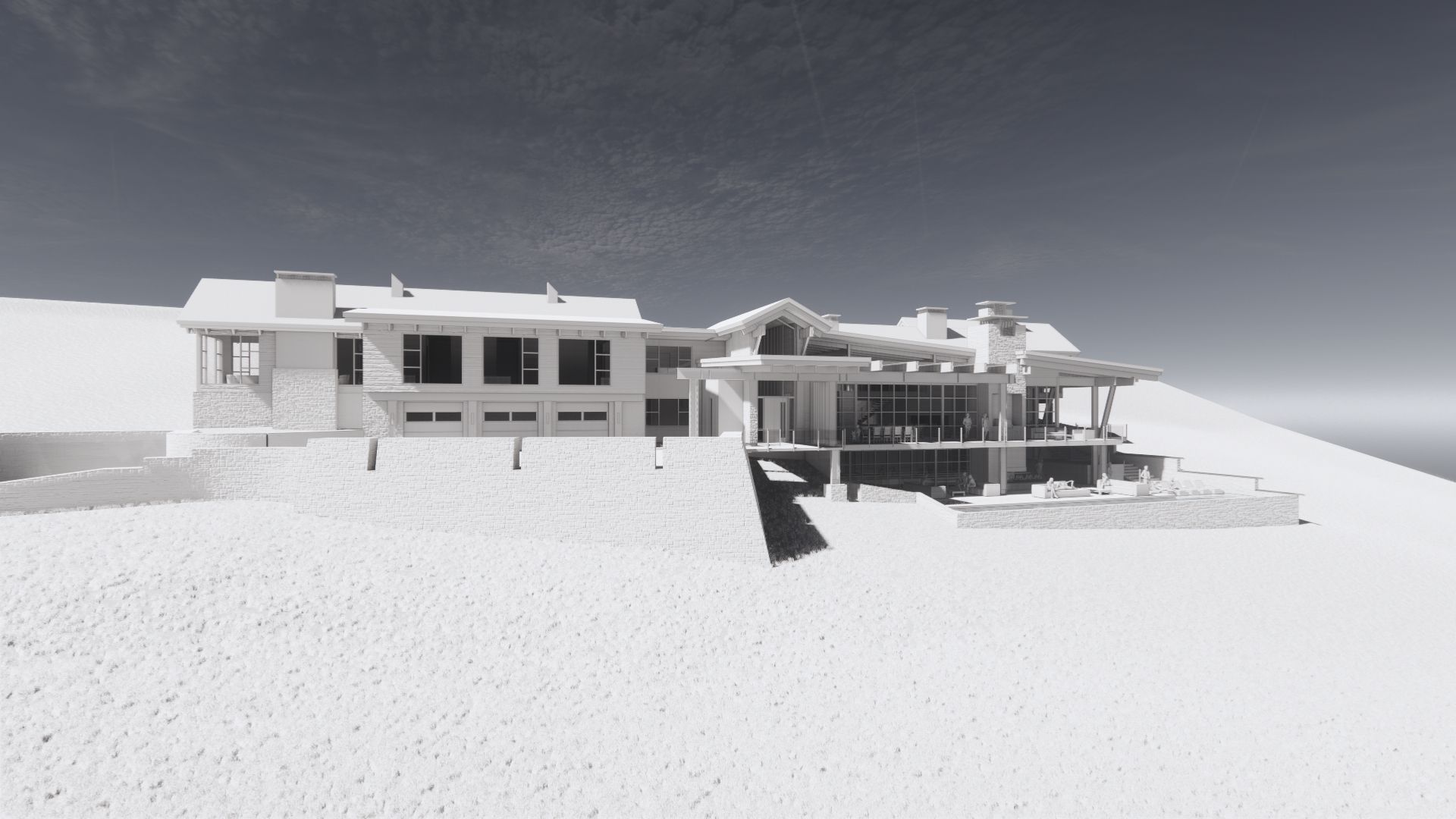 A large house is sitting on top of a snow covered hill.