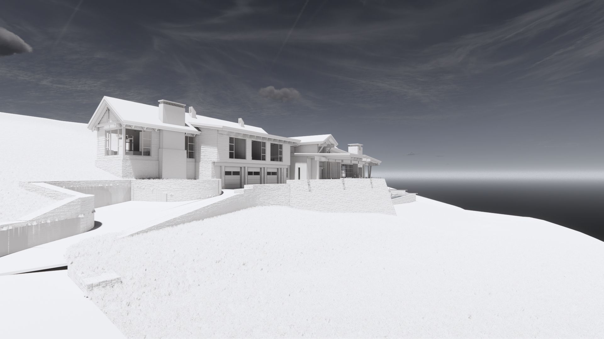 A black and white drawing of a house on a hill overlooking the ocean.