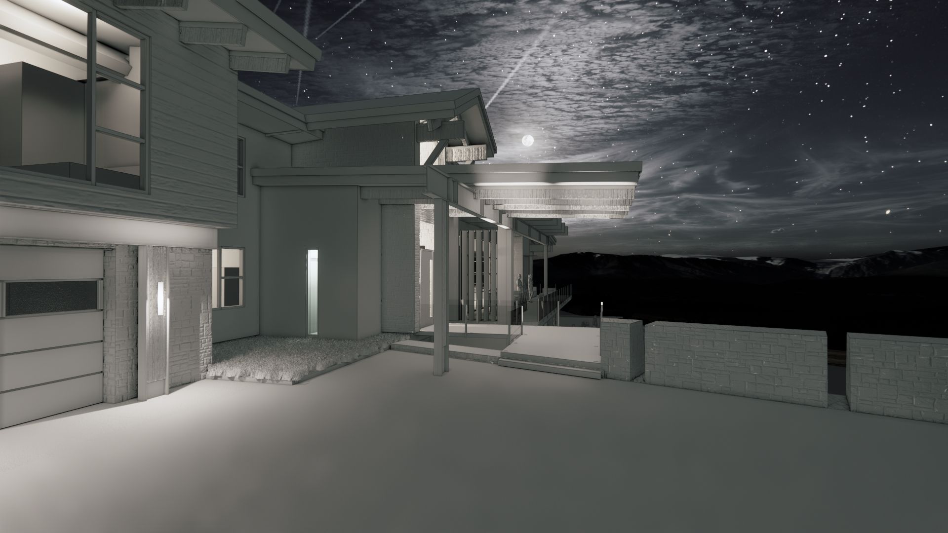 A 3d model of a house at night with a full moon in the sky.
