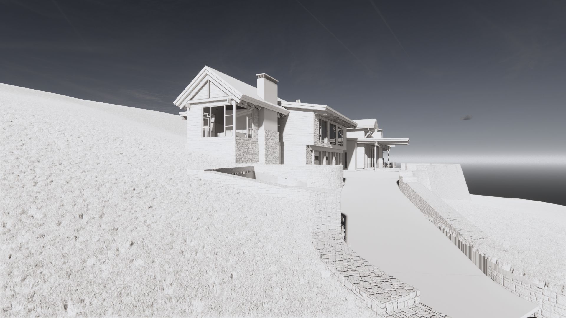A black and white photo of a house on top of a hill.