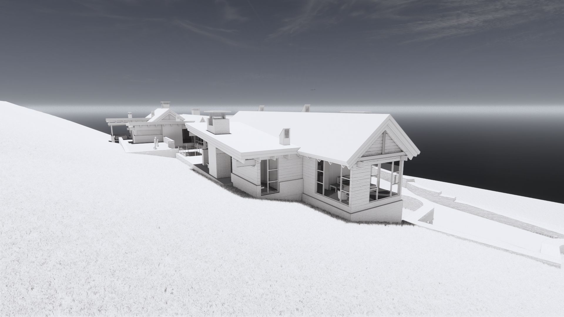 A 3d model of a house on a hill overlooking the ocean