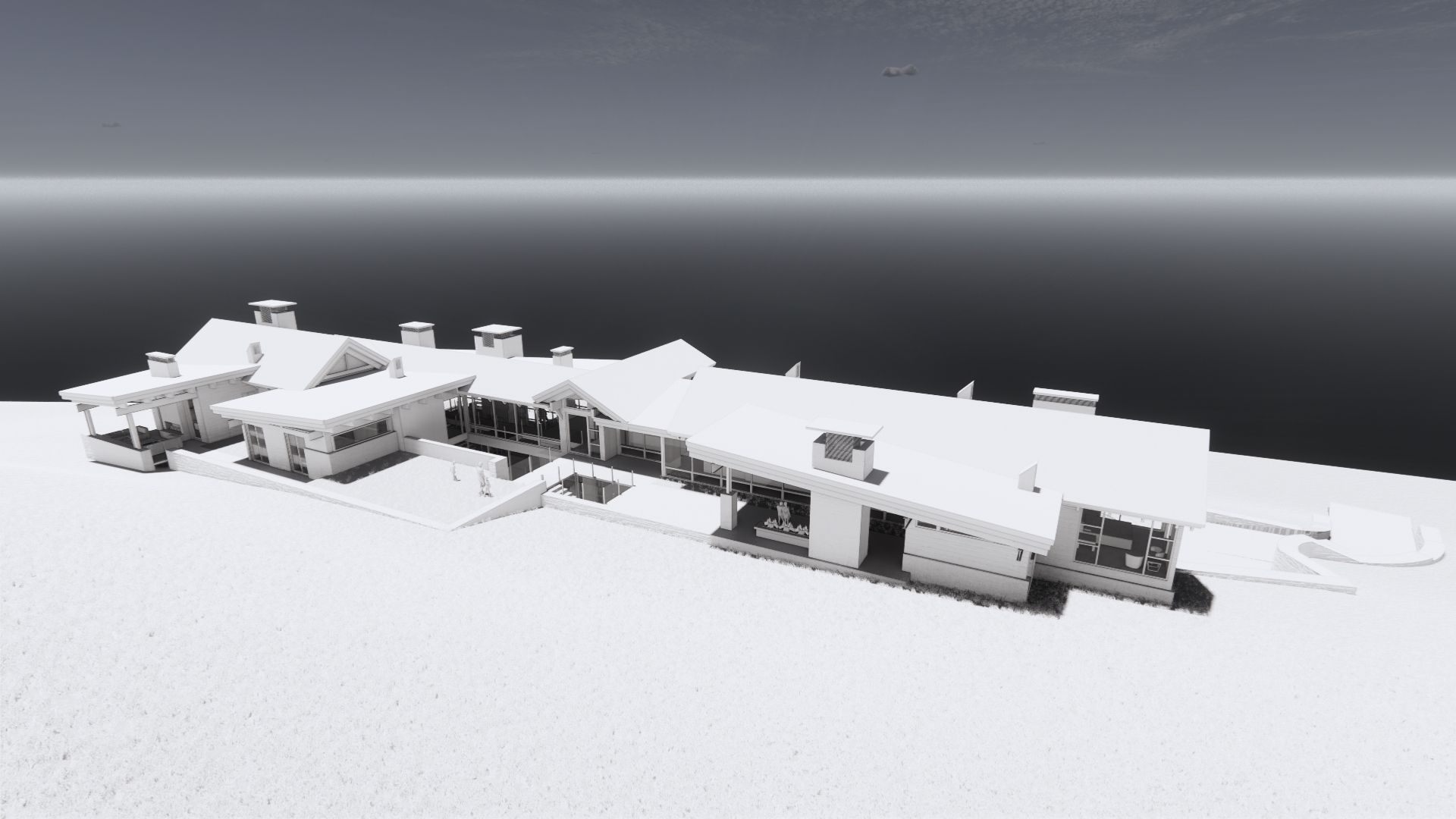 A 3d model of a house with a lot of windows