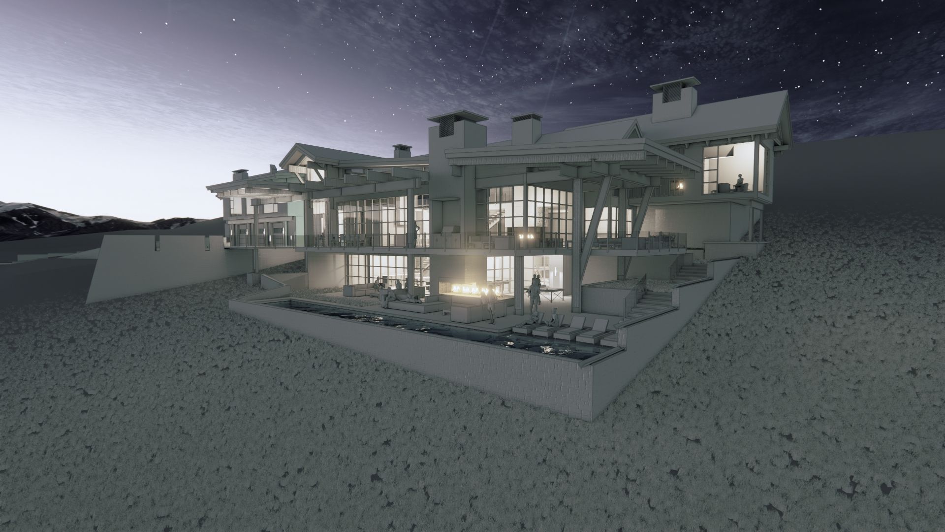 A 3d model of a large house with a lot of windows at night.