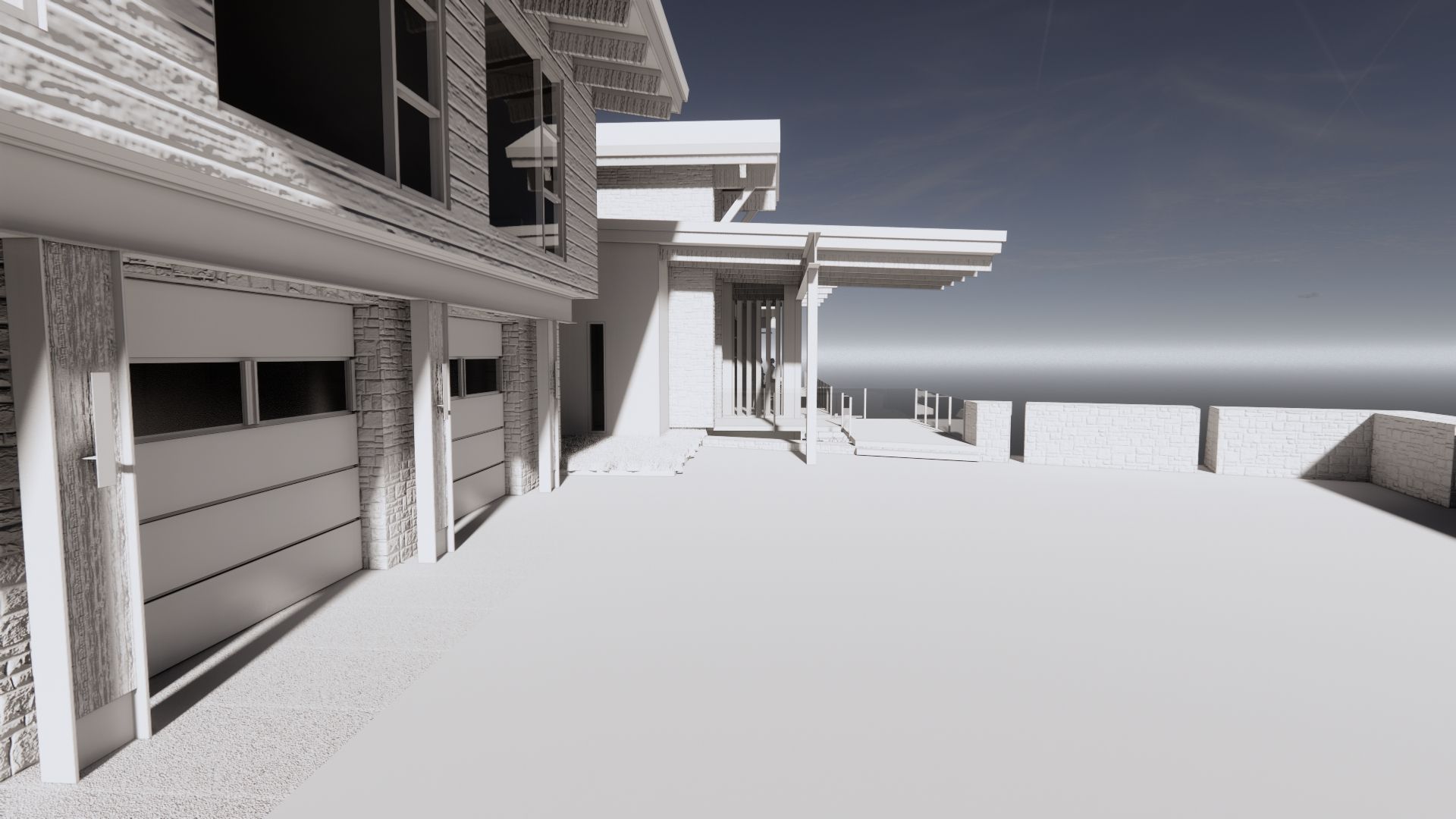 A black and white rendering of a house with a lot of garage doors.