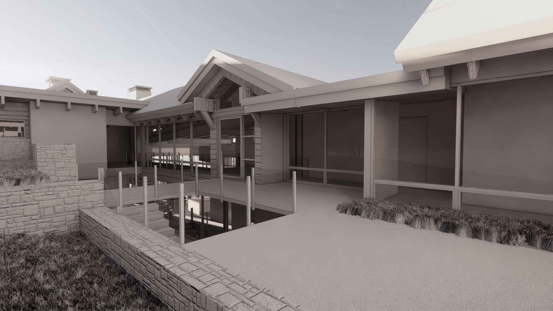 A black and white rendering of a house with a pond in front of it.