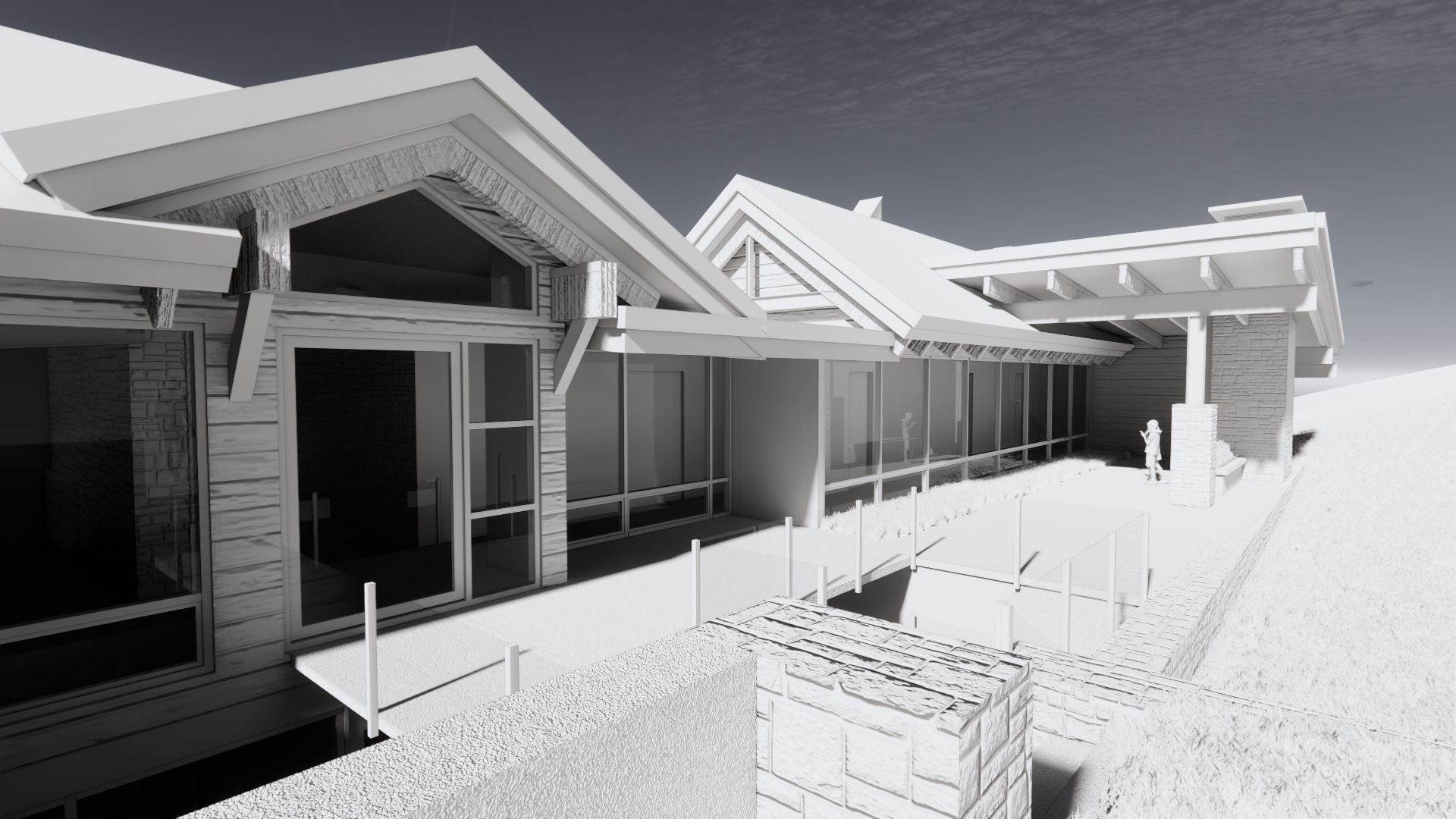 A black and white rendering of a house with a lot of windows