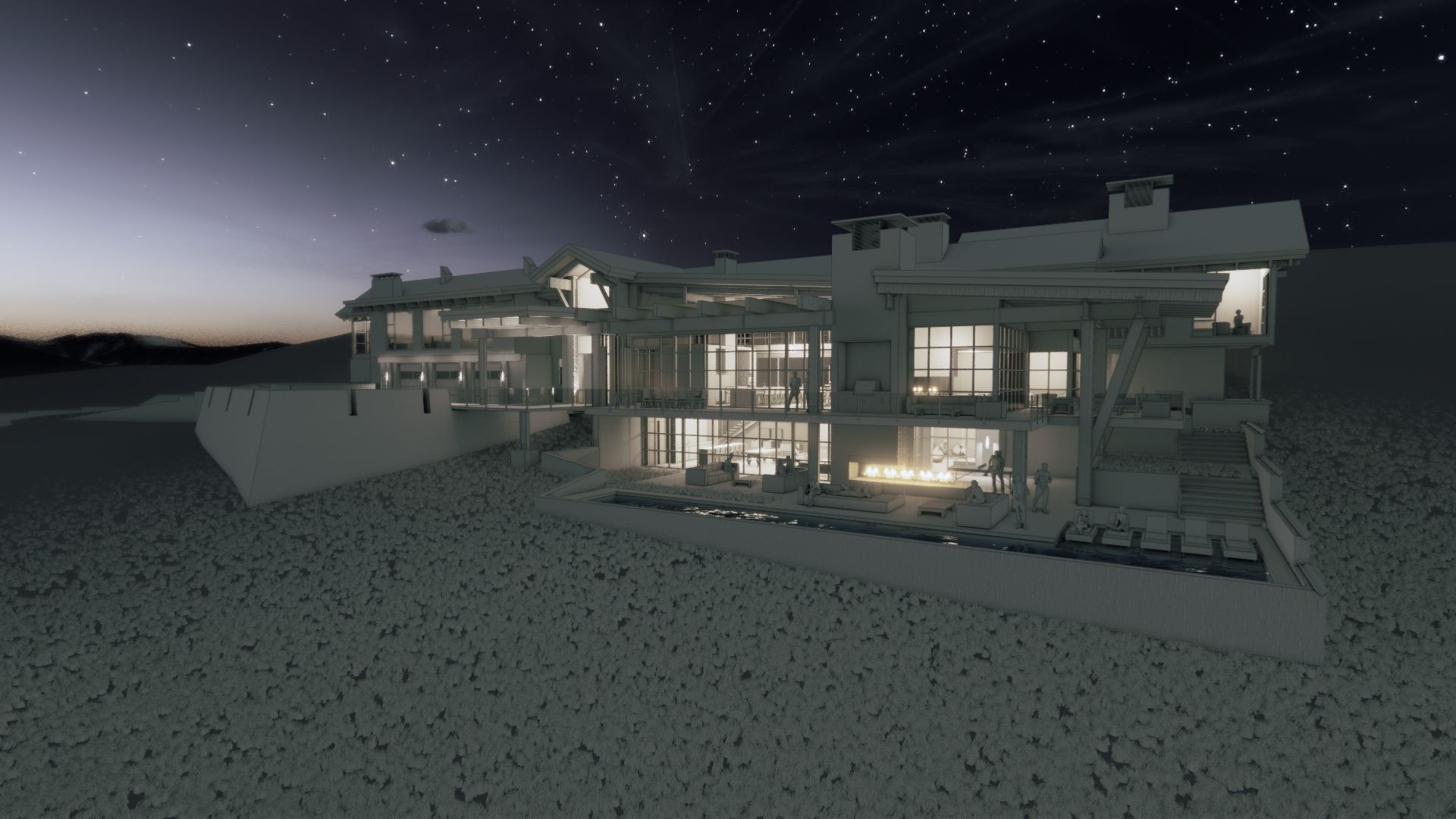 A 3d model of a house at night with lights on.