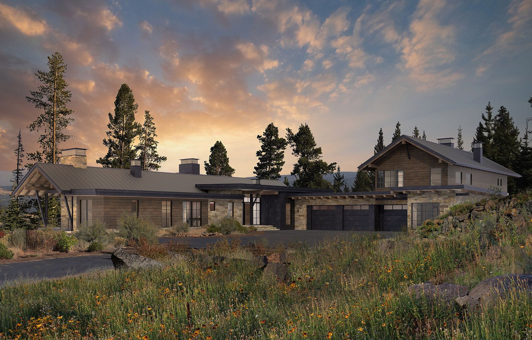 A large house is sitting in the middle of a field of flowers.