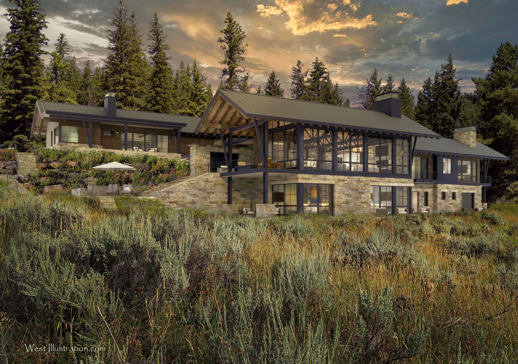 A large house in the middle of a field with trees in the background