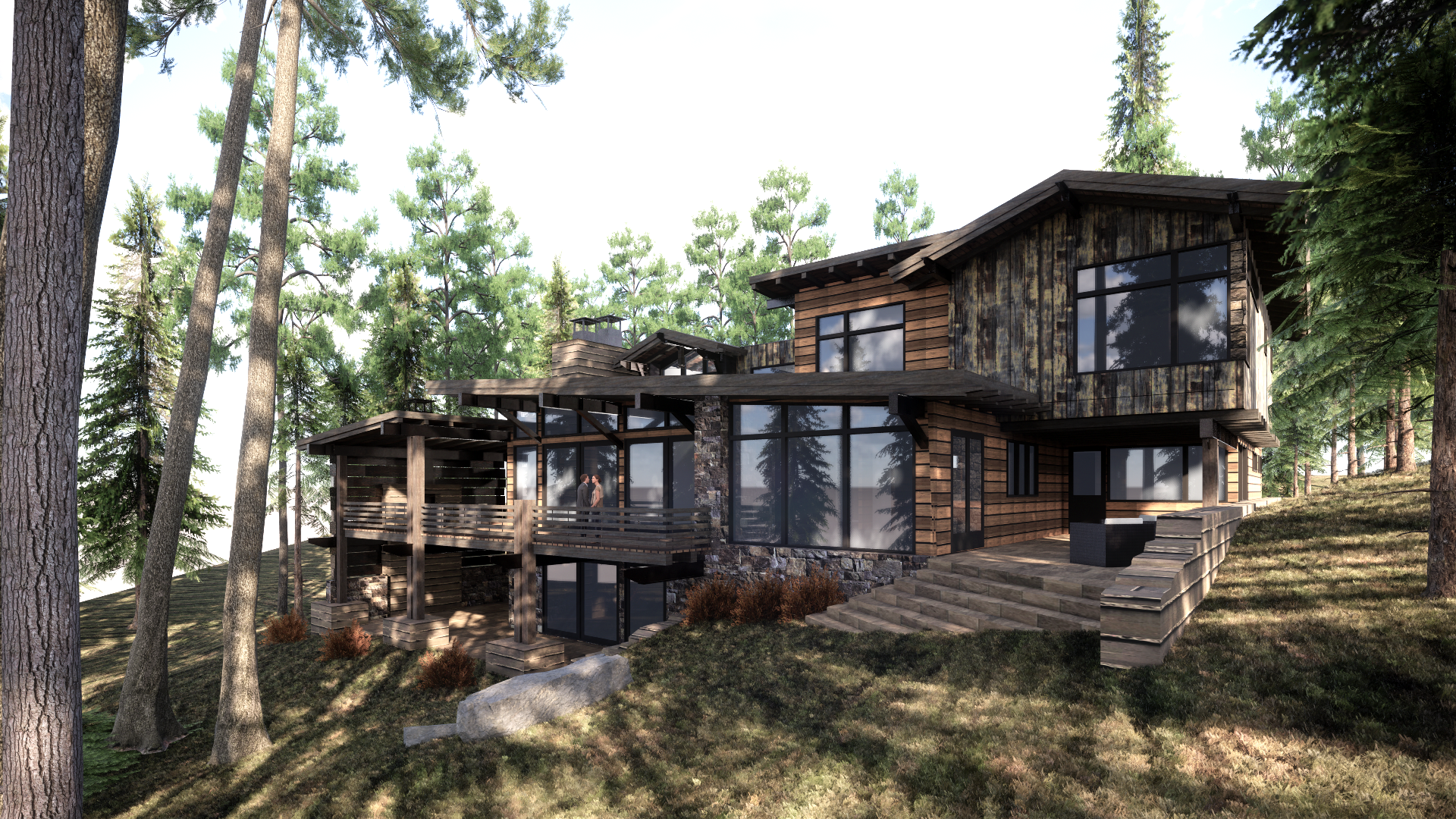 A large house is sitting on top of a hill surrounded by trees.