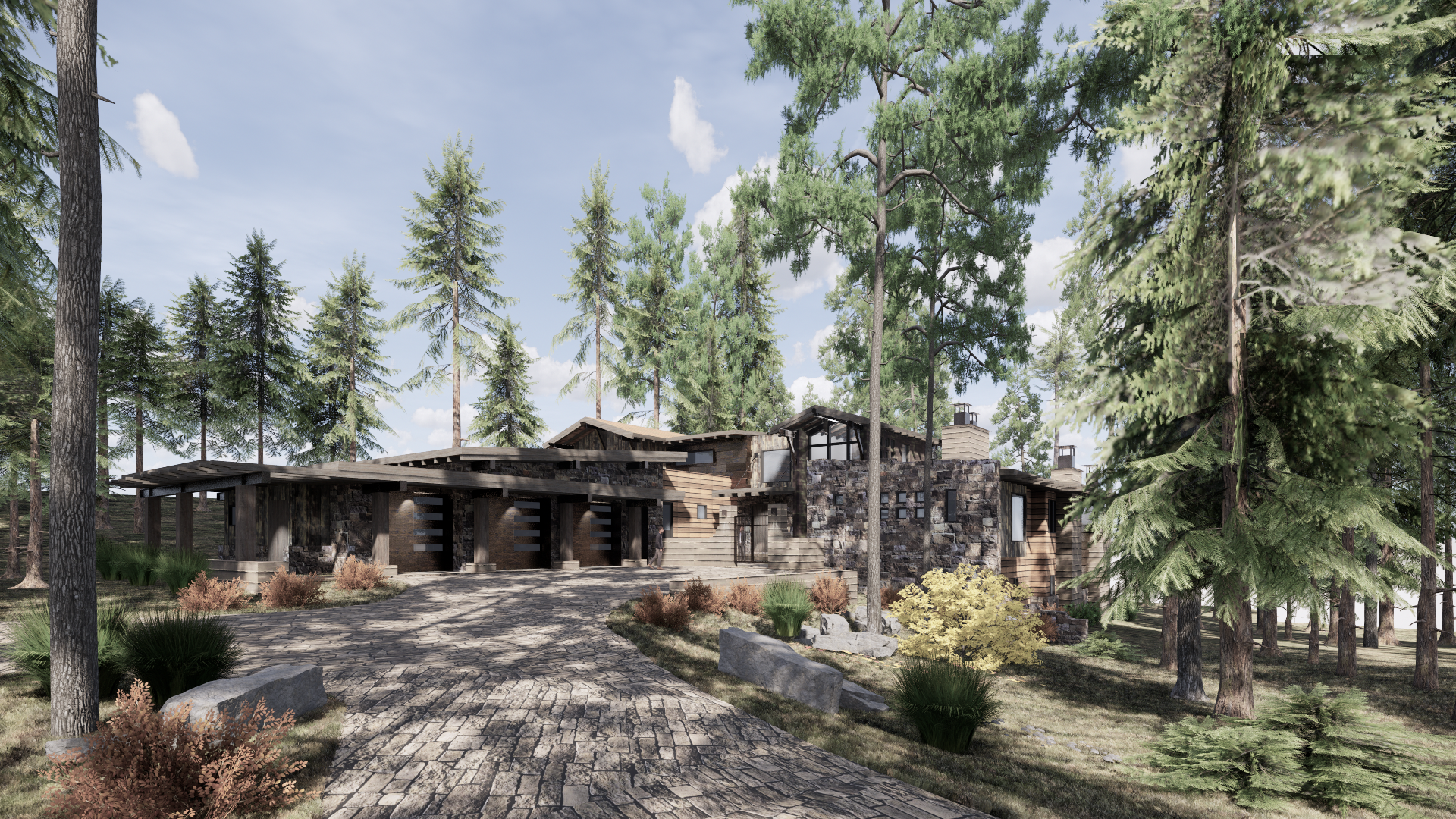 A house is surrounded by trees and a gravel driveway.