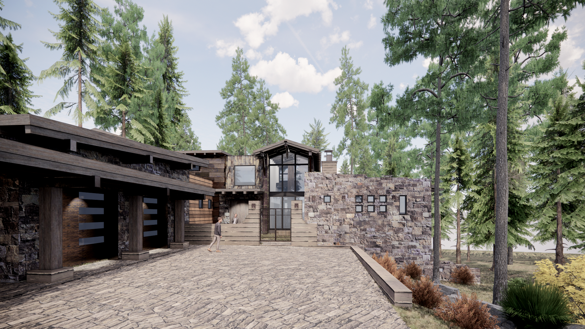 An artist 's impression of a large house surrounded by trees and a gravel driveway.