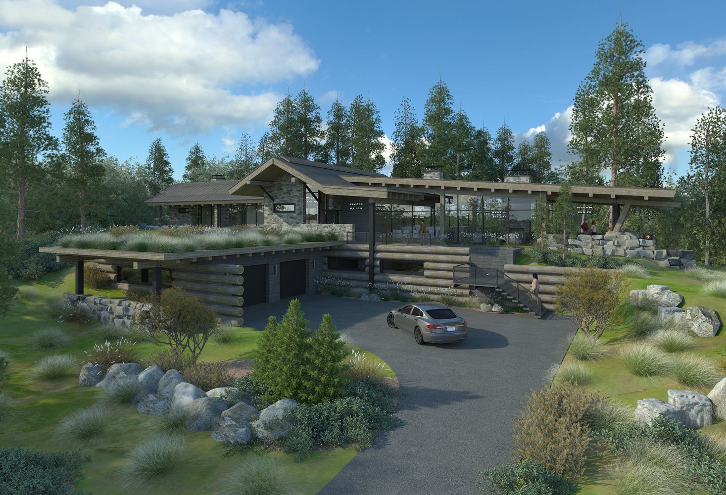 A large house is sitting on top of a hill surrounded by trees.