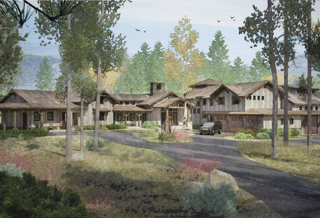 An artist 's impression of a large house in the middle of a forest.